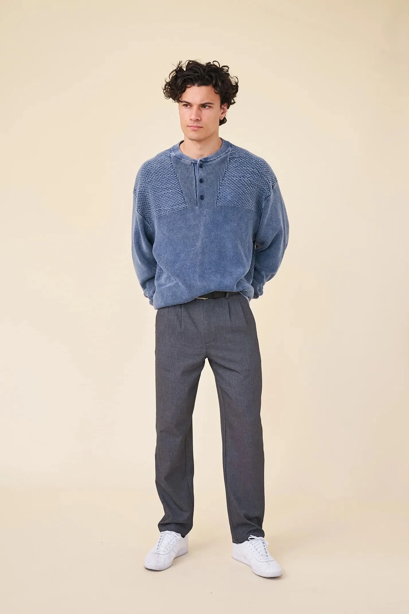 bound Half Button Panel Acid Wash Pullover - Navy