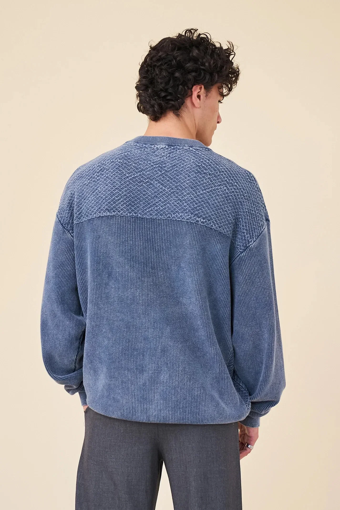 bound Half Button Panel Acid Wash Pullover - Navy