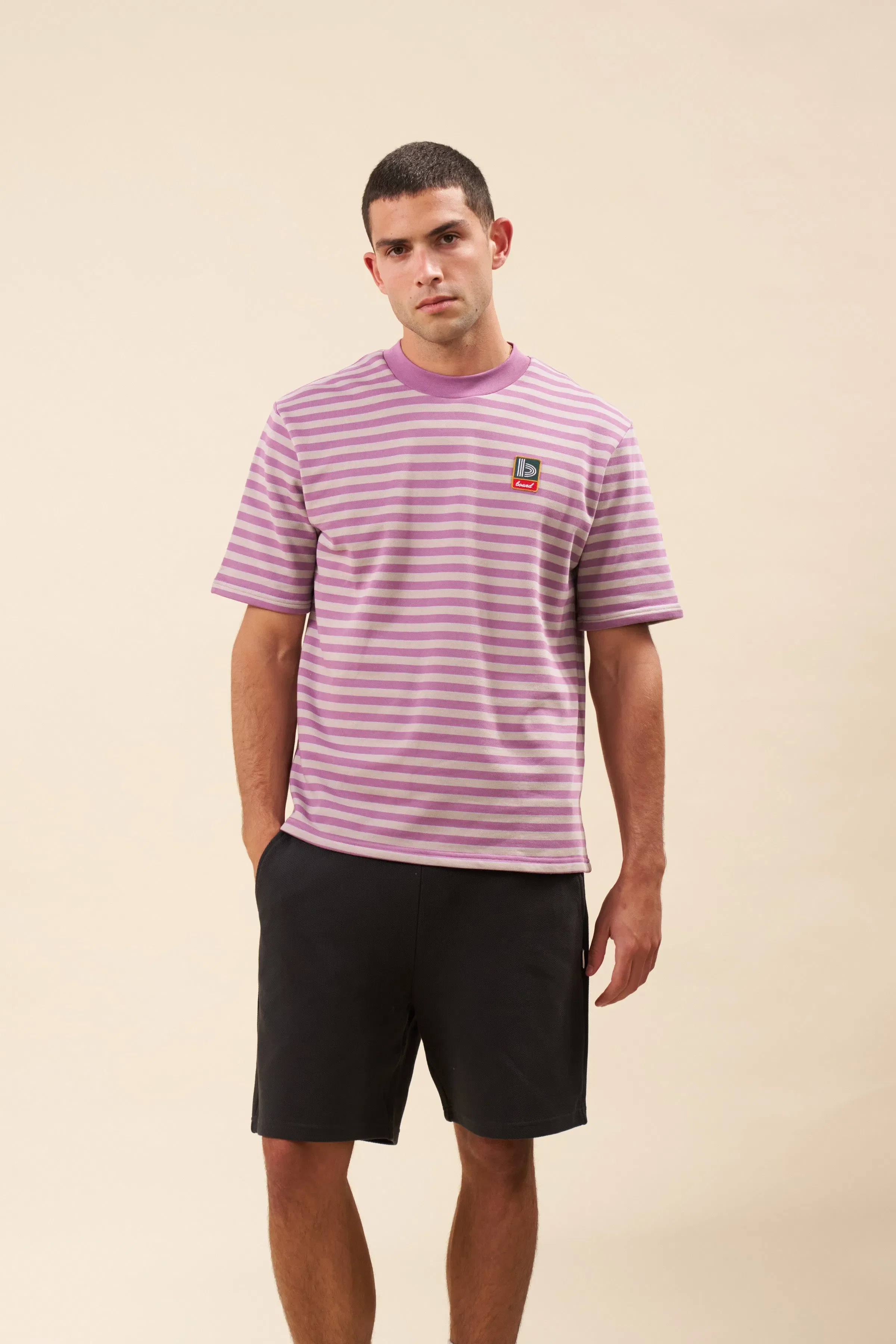 bound Stripe Retro Patch Tee - Mauve