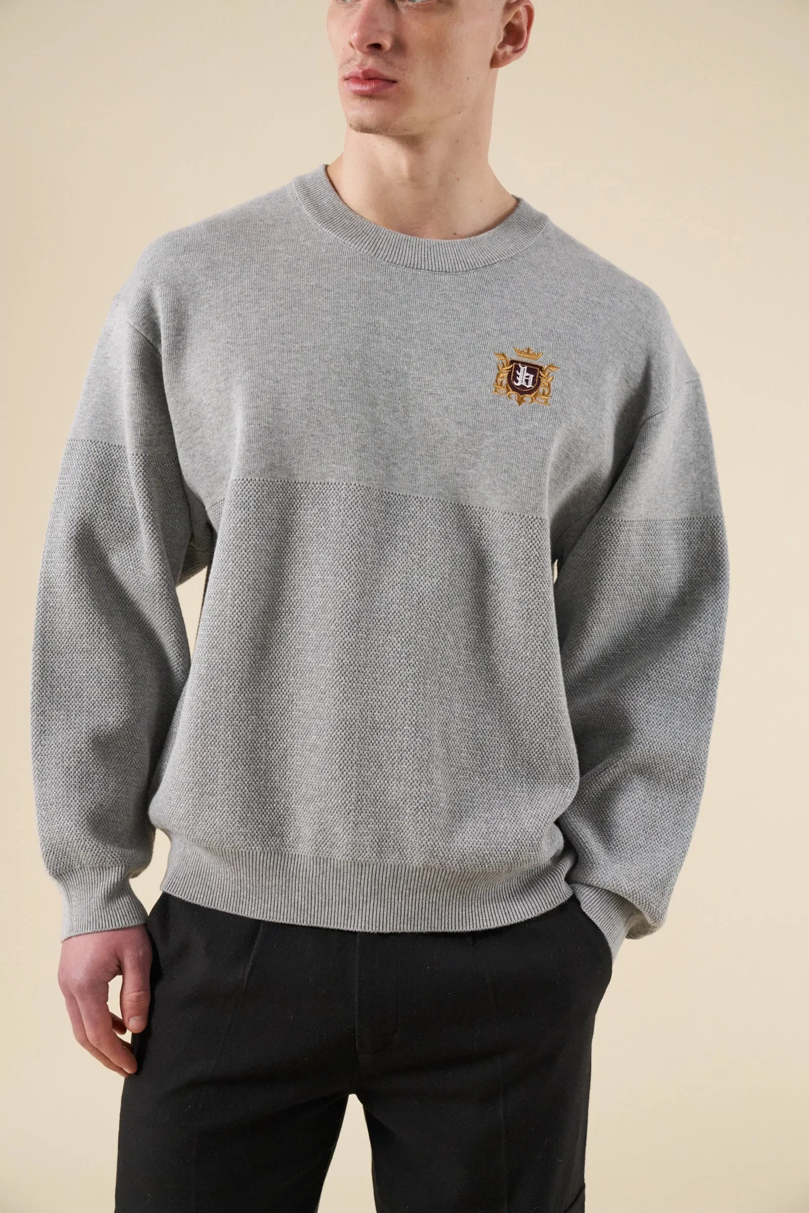 bound Crest Panel Knit Sweater - Heather Grey