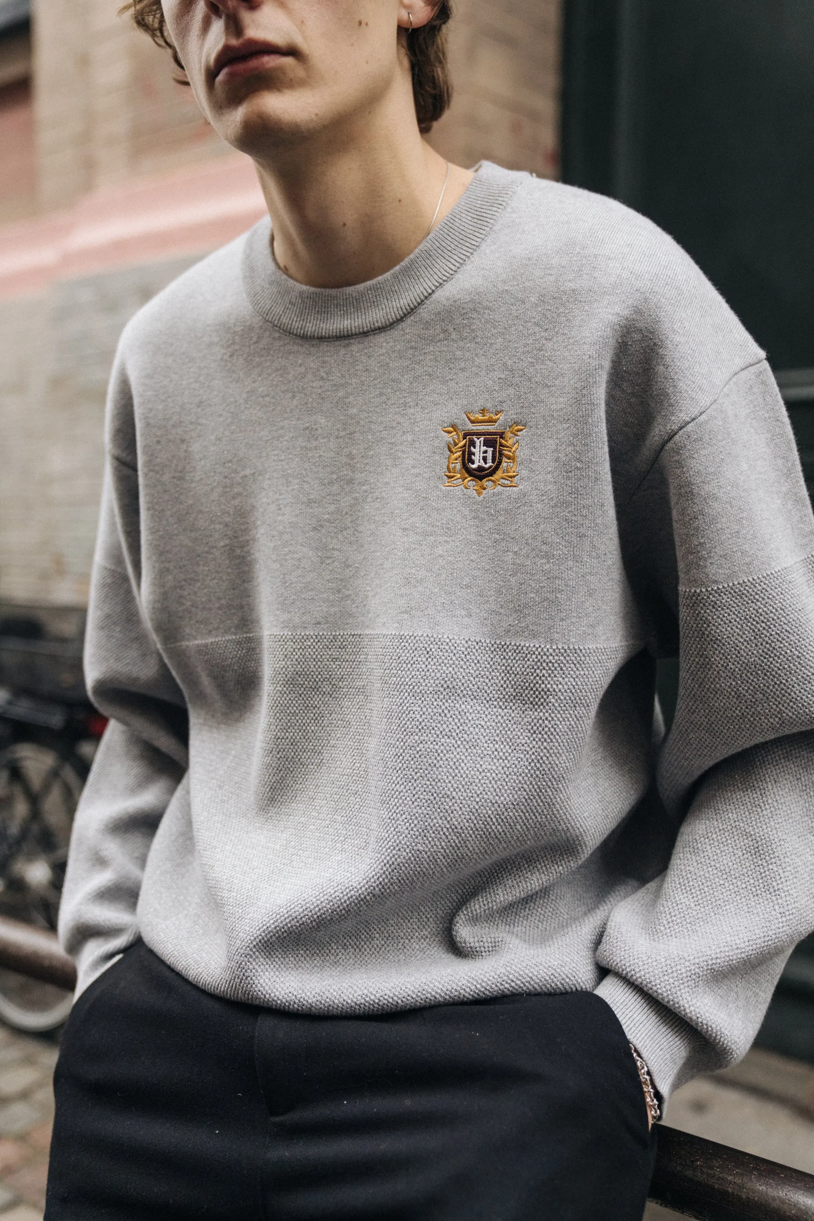 bound Crest Panel Knit Sweater - Heather Grey