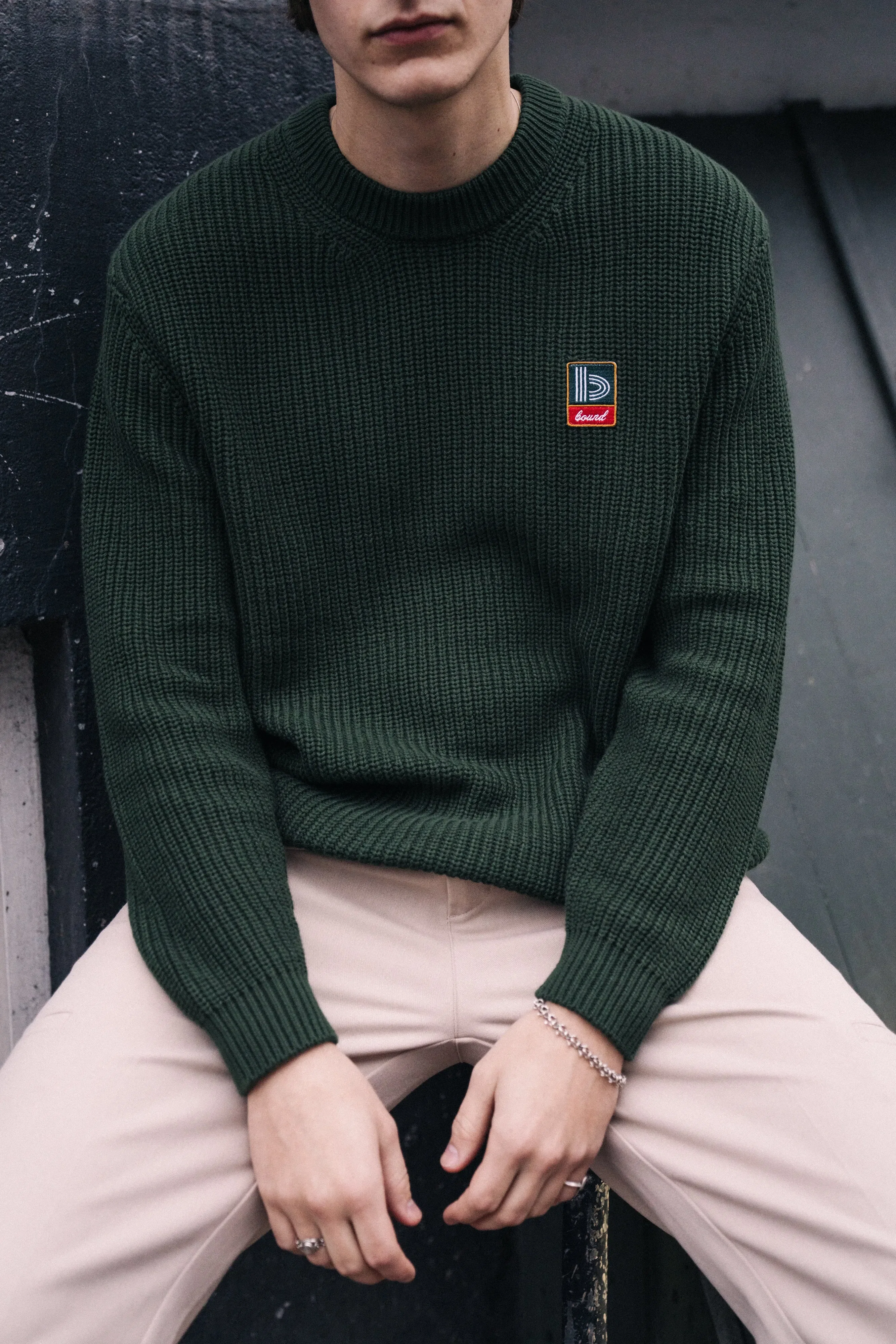 bound Retro Fisherman Rib Knit Sweater - Green