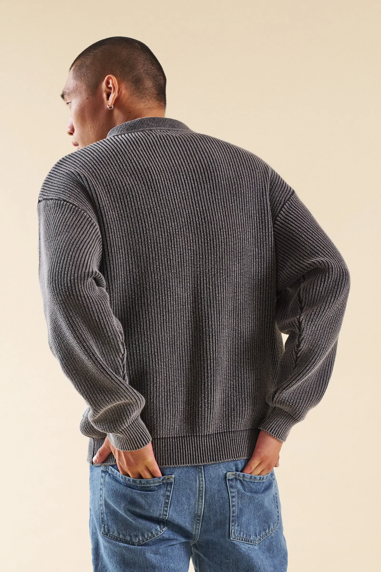 bound Acid Wash Half Zip Knit Pullover - Charcoal