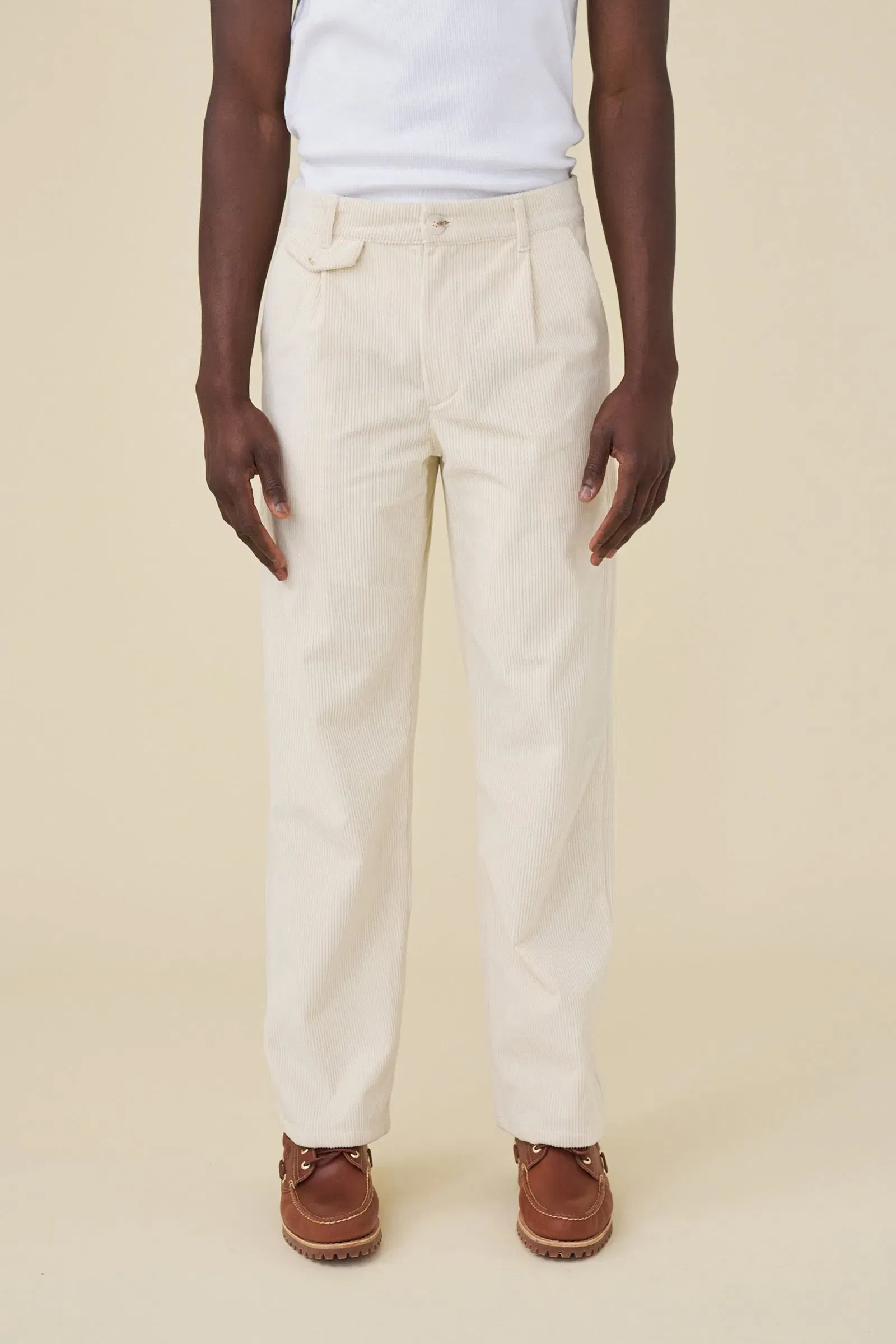 bound Wide Leg Corduroy Trousers - Light Cream