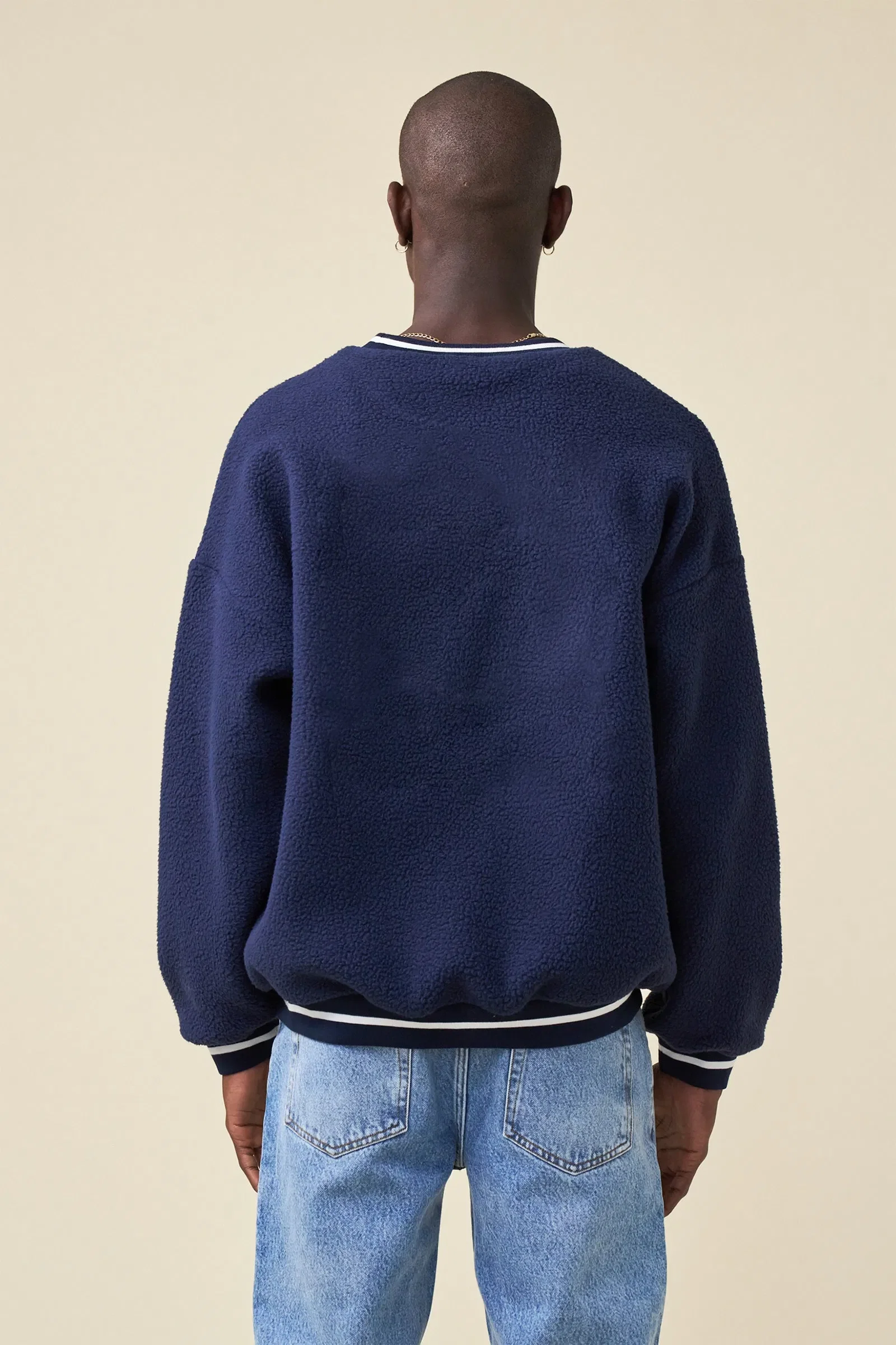 bound Reverse Fleece Grid Sweater - Navy