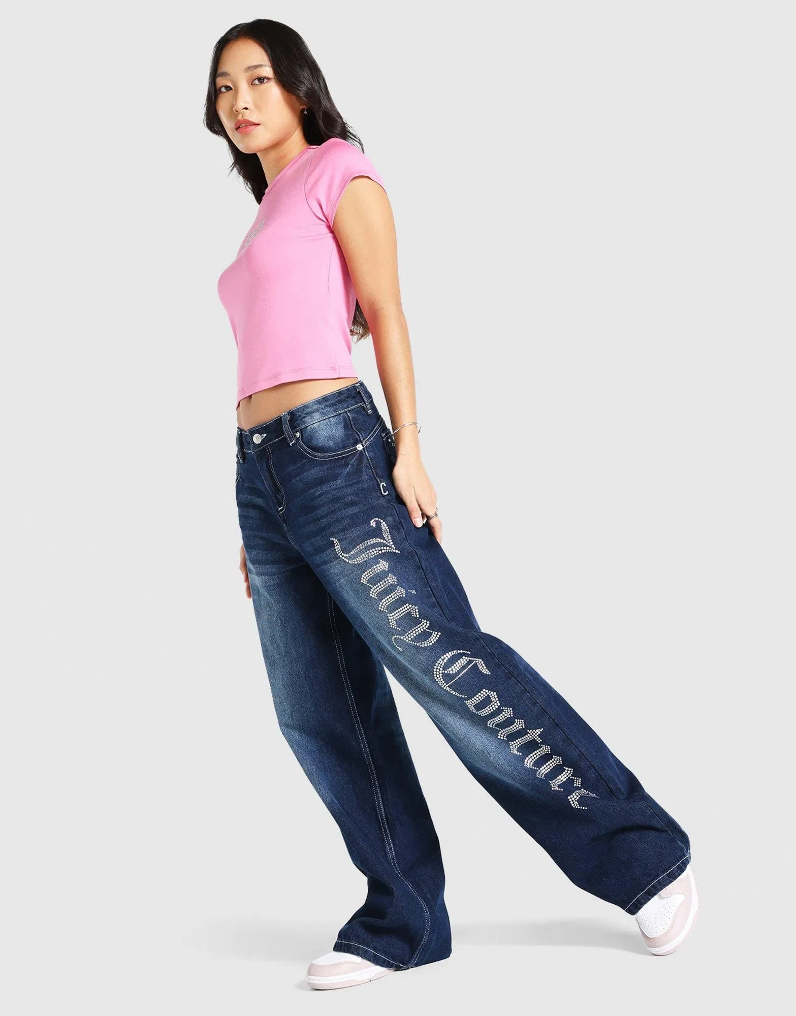 Juicy Couture Mid Wash Diamanté Wide Leg Jeans