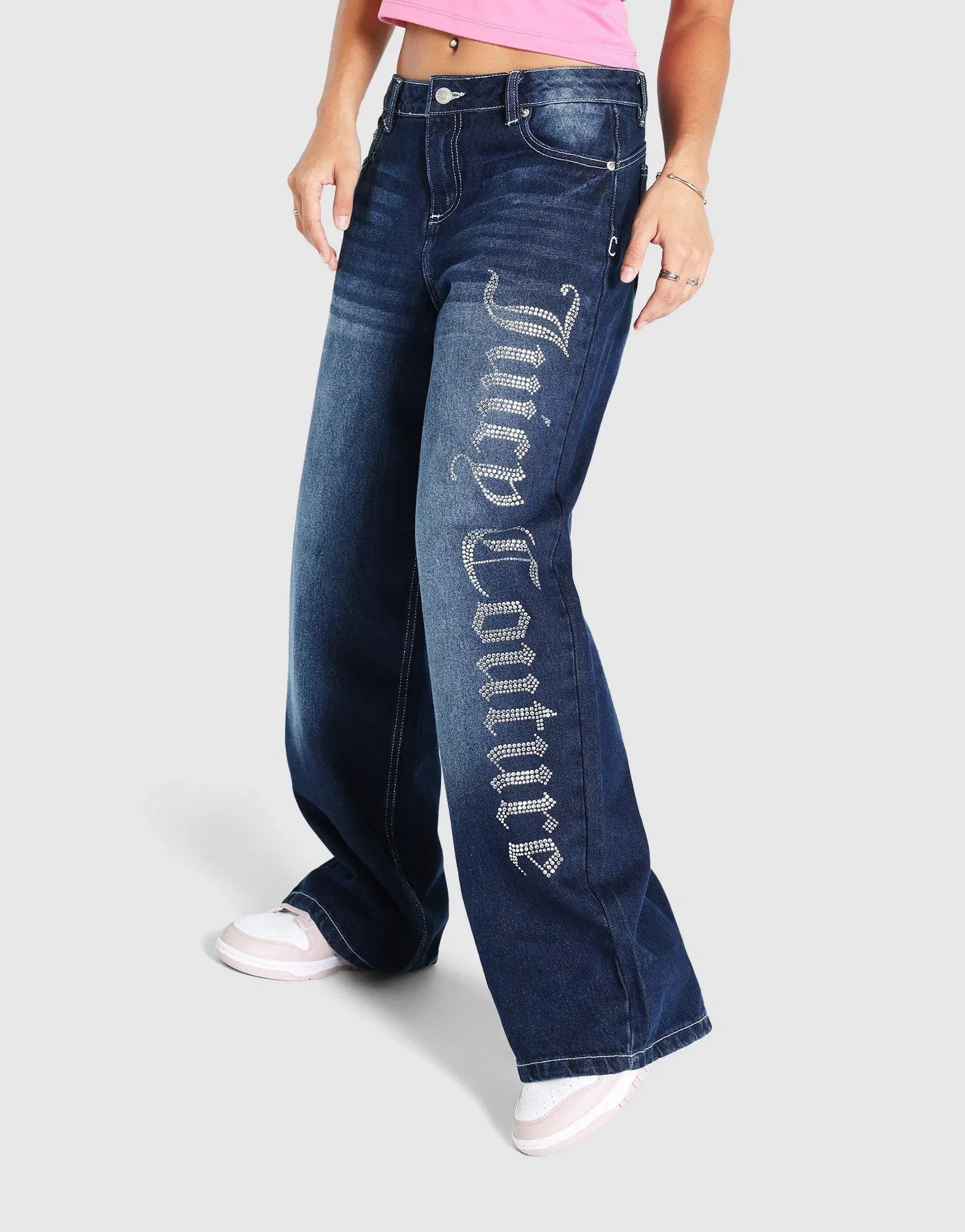 Juicy Couture Mid Wash Diamanté Wide Leg Jeans