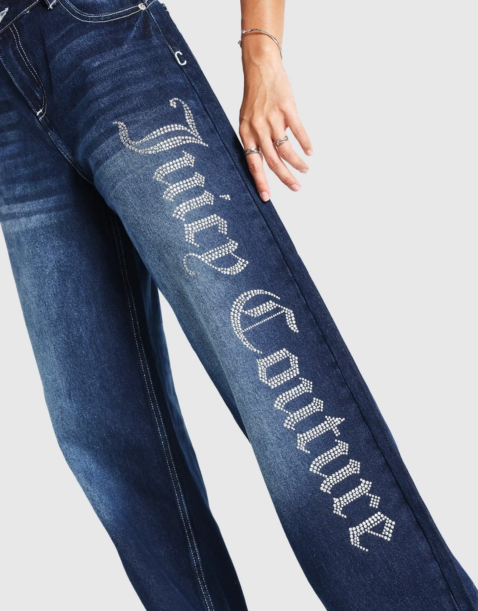 Juicy Couture Mid Wash Diamanté Wide Leg Jeans