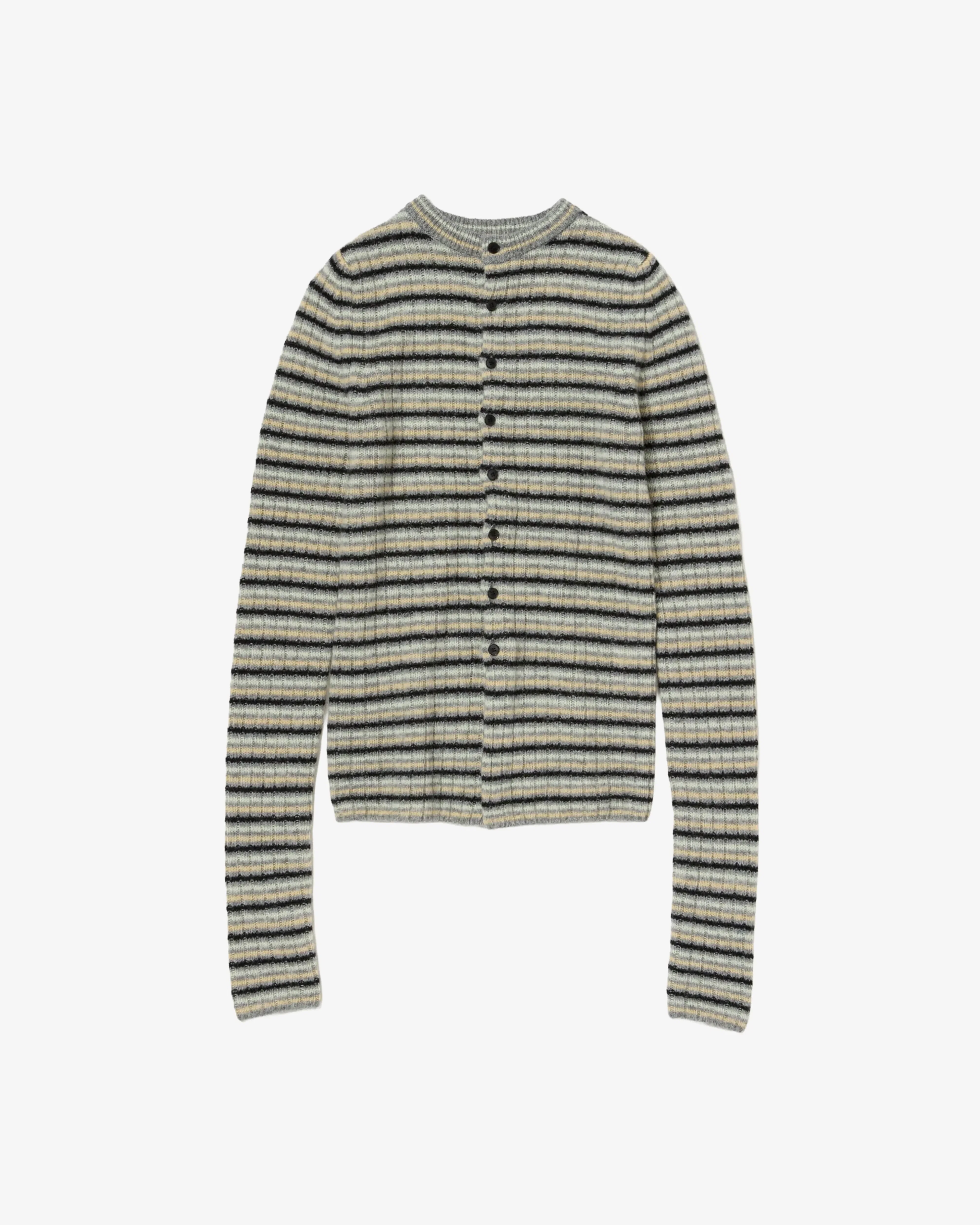 AURALEE - Women's Shetland Wool Cashmere Rib Knit Crew-Neck Cardigan - (Stripes)