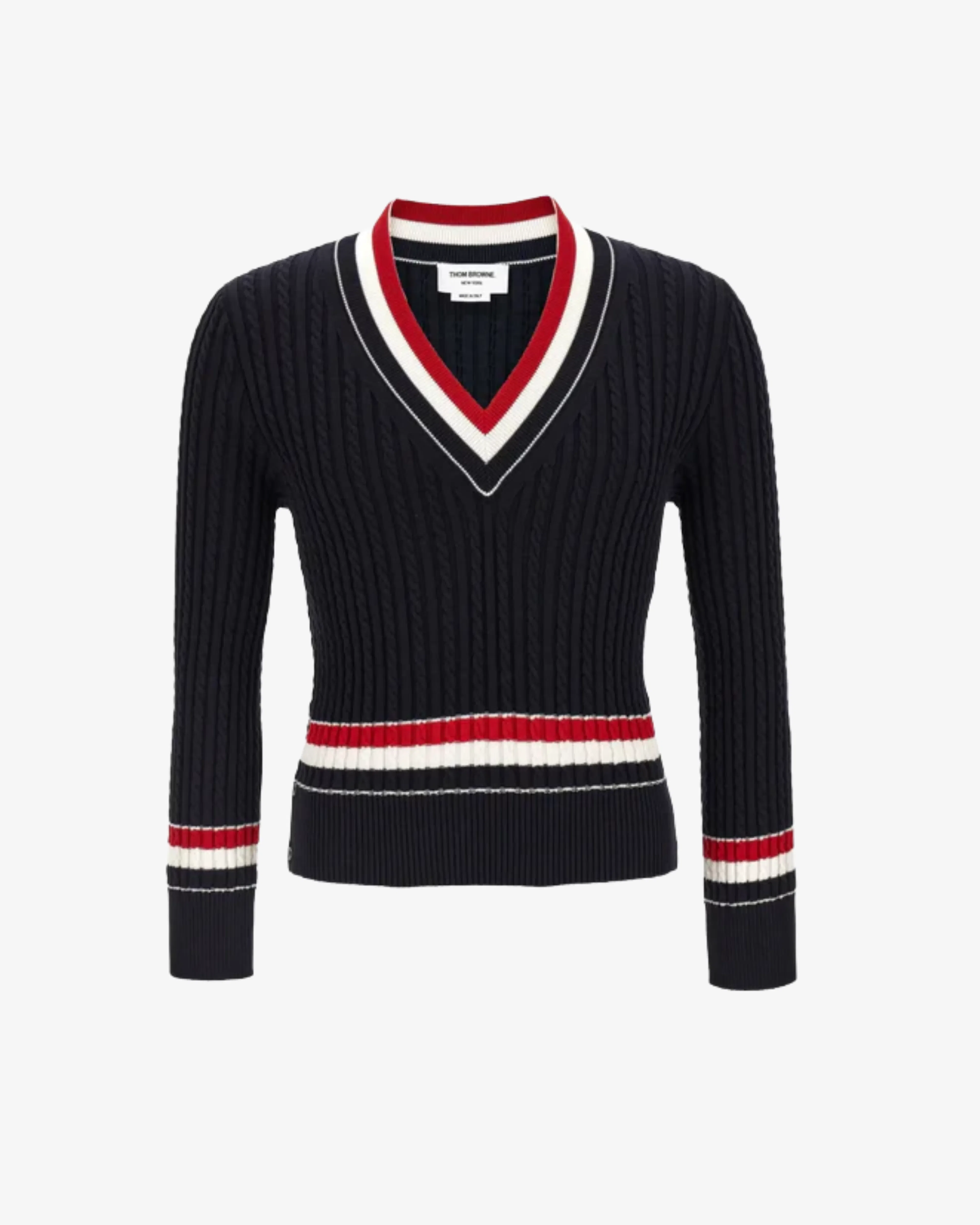Thom Browne - Men's Baby Cable V Neck Cricket Pullover - (Navy)