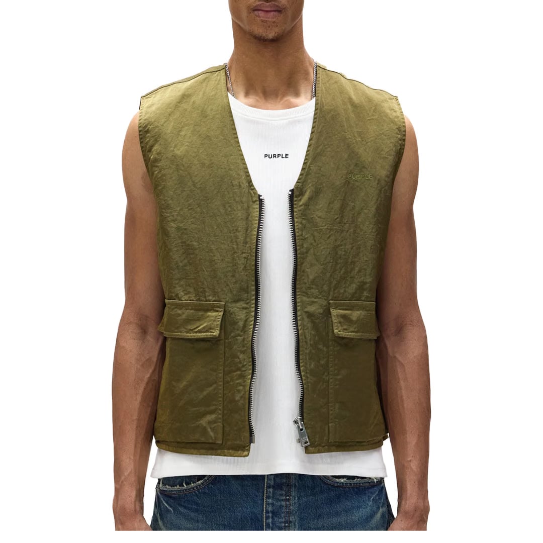 Purple Brand WOVEN FULL ZIP UTILITY VEST MILITARY WORDMARK