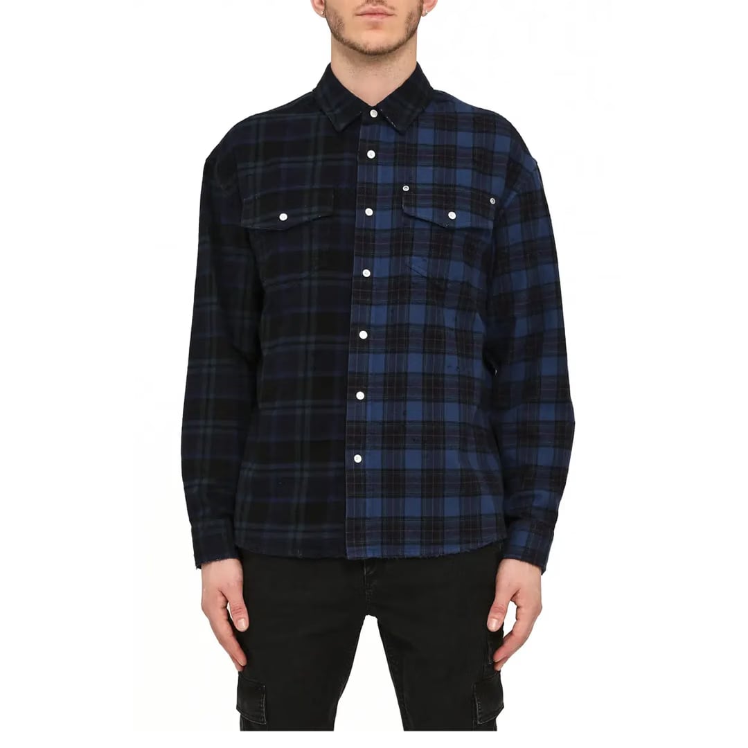 Purple Brand DUAL PLAID BUTTON UP LONG SLEEVE SHIRT - TRUE NAVY OVERDYE