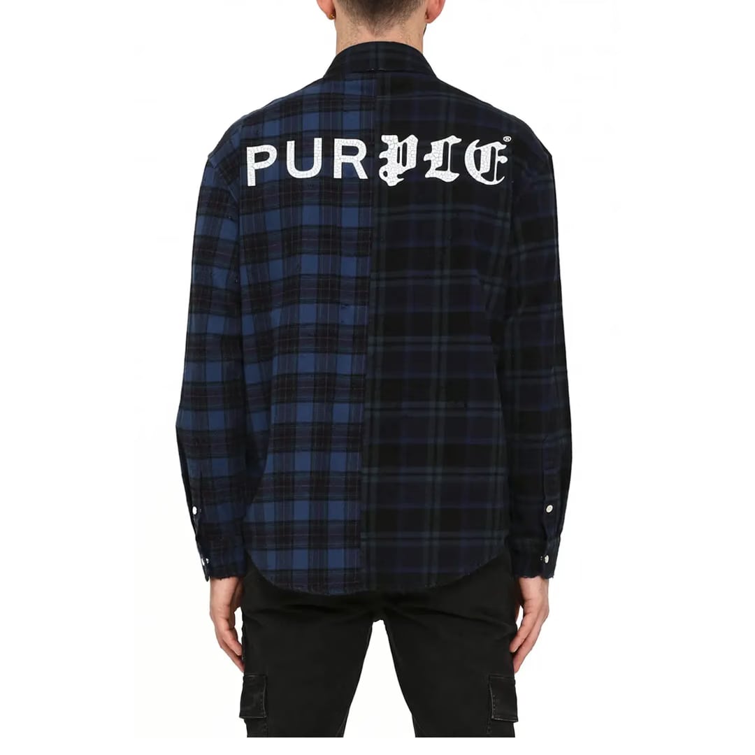 Purple Brand DUAL PLAID BUTTON UP LONG SLEEVE SHIRT - TRUE NAVY OVERDYE
