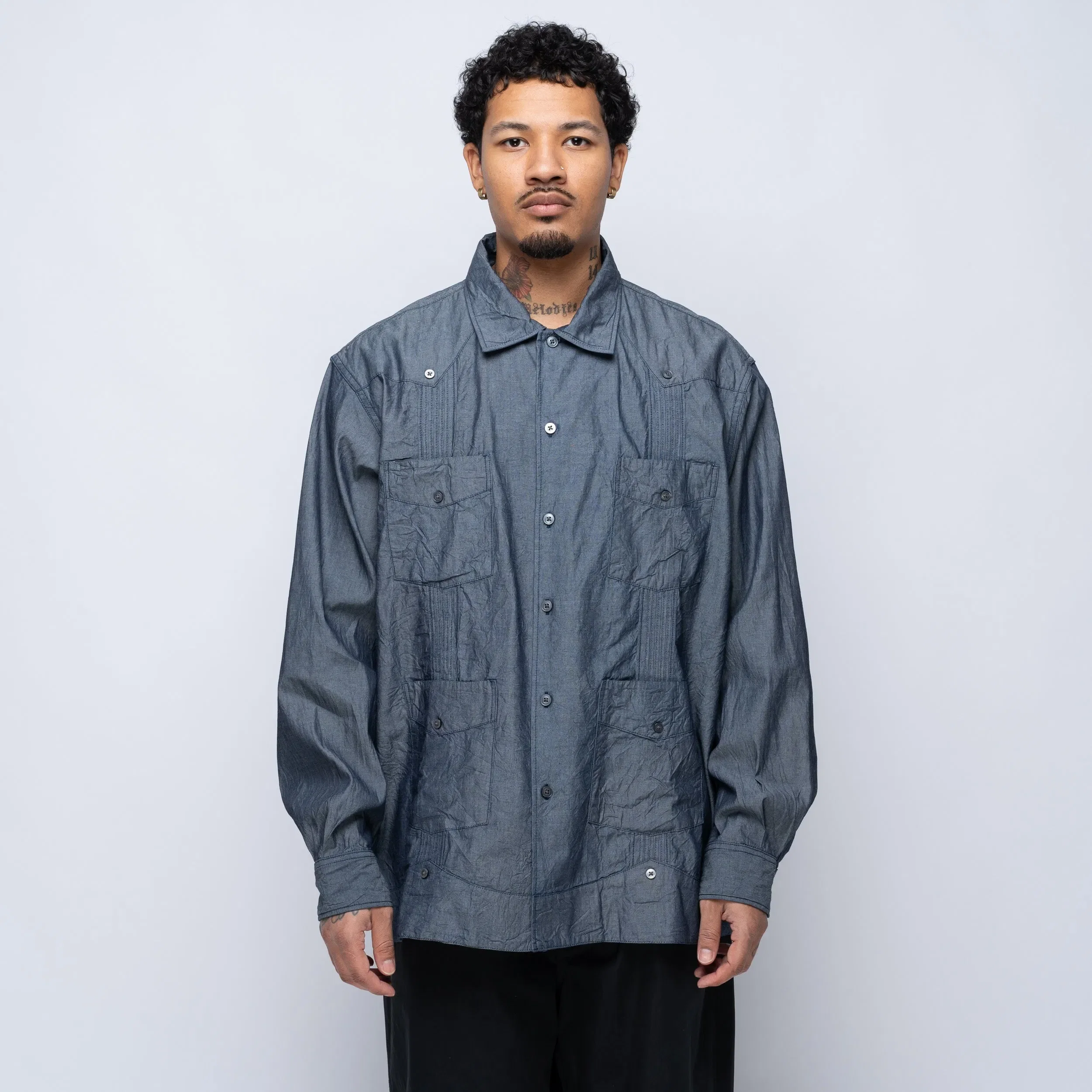 Engineered Garments EG Guayabera Shirt Indigo Cotton Chambray 25S1A032