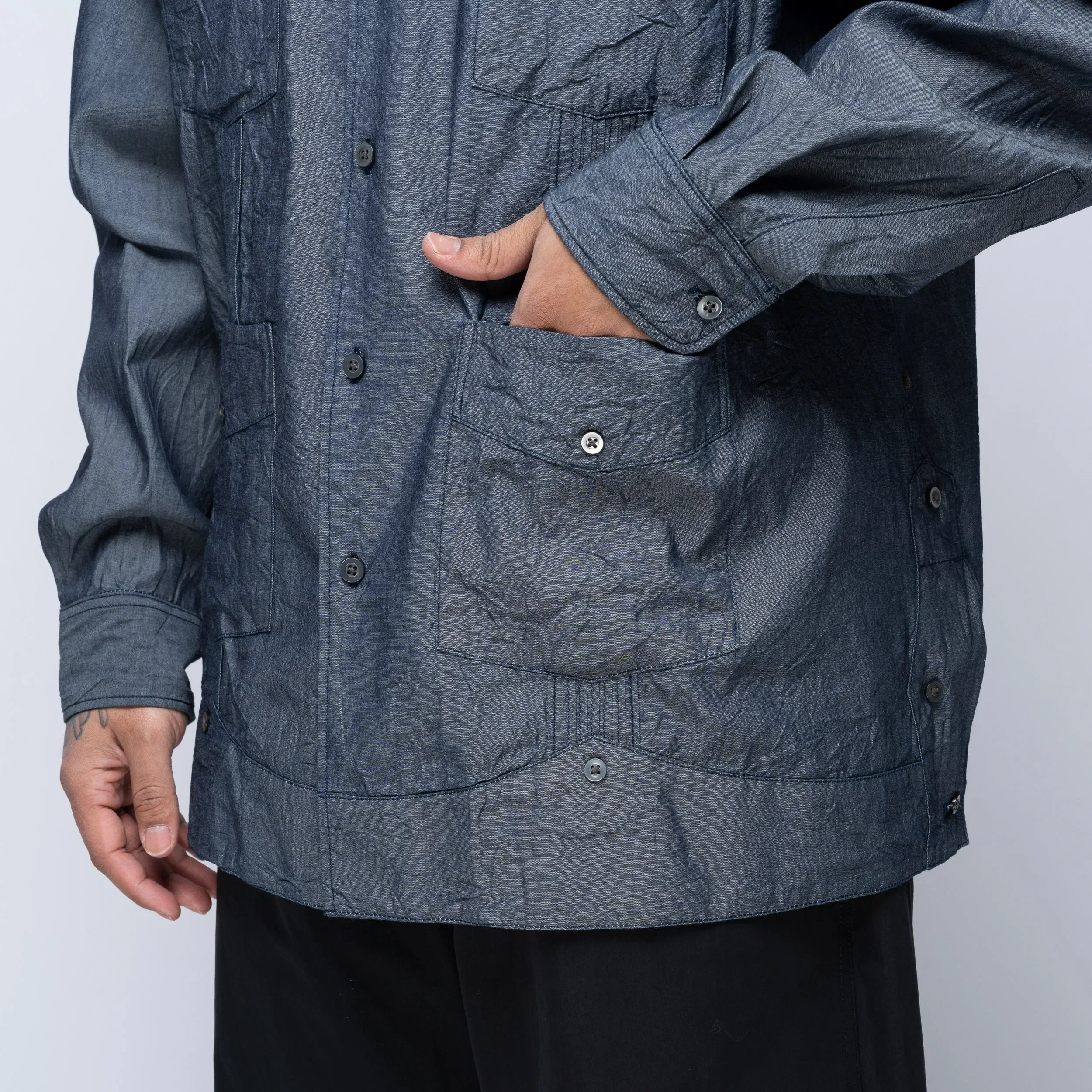 Engineered Garments EG Guayabera Shirt Indigo Cotton Chambray 25S1A032