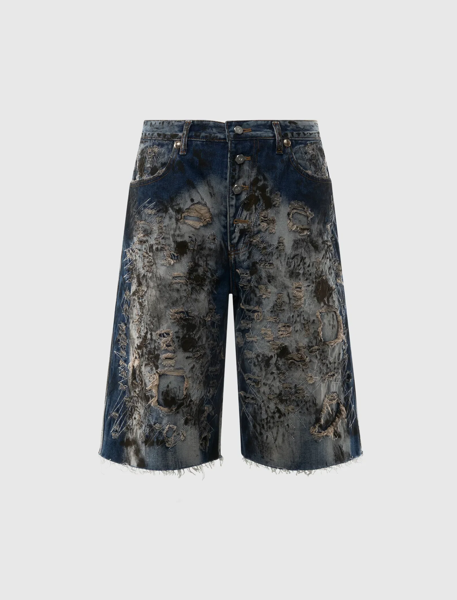 THUG CLUB HARD WASHED DESTROYED DENIM SHORTS