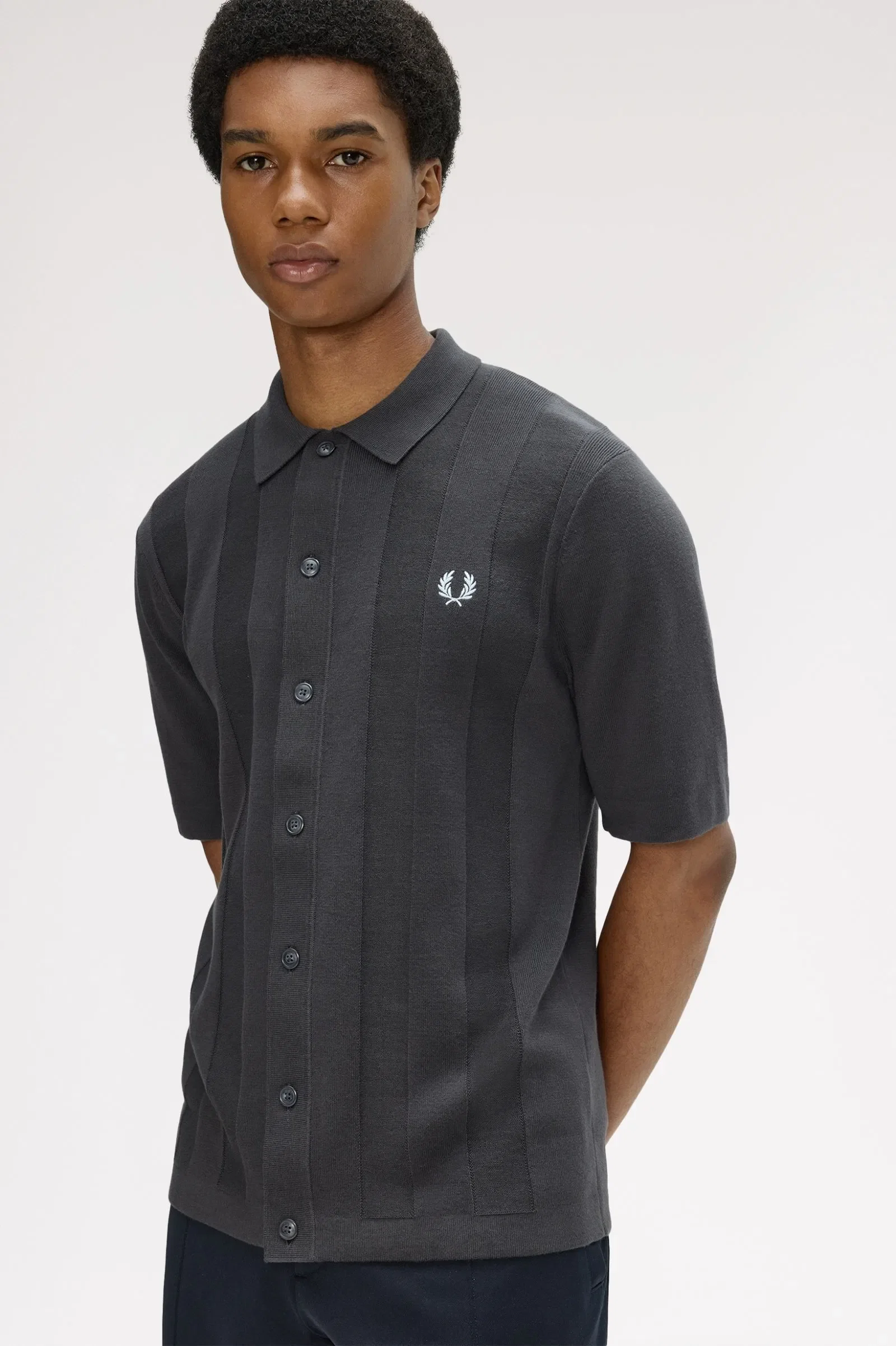 Fred Perry K2324 Tonal Vertical Stripe Knitted Shirt - Anchor Grey