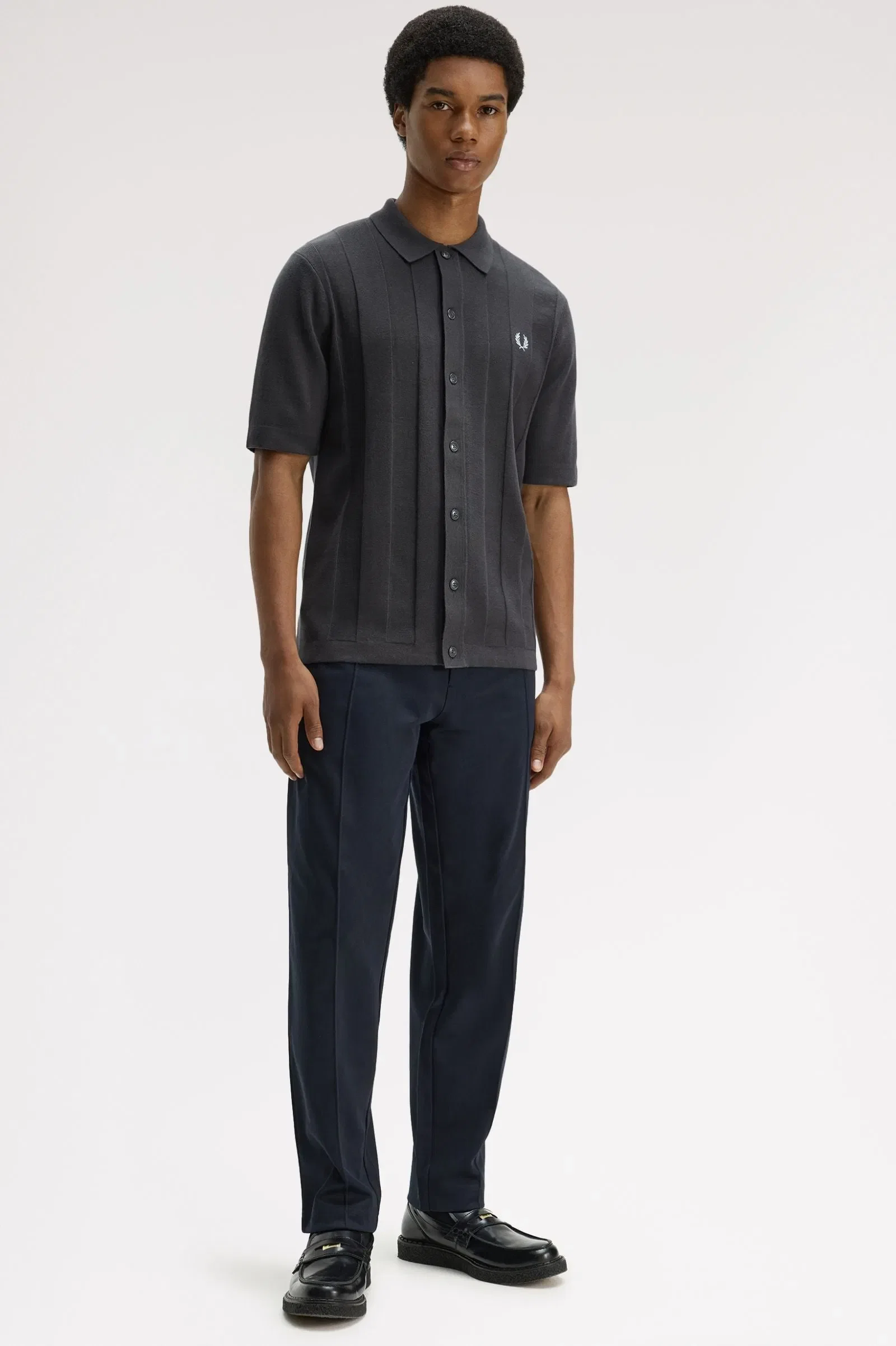 Fred Perry K2324 Tonal Vertical Stripe Knitted Shirt - Anchor Grey