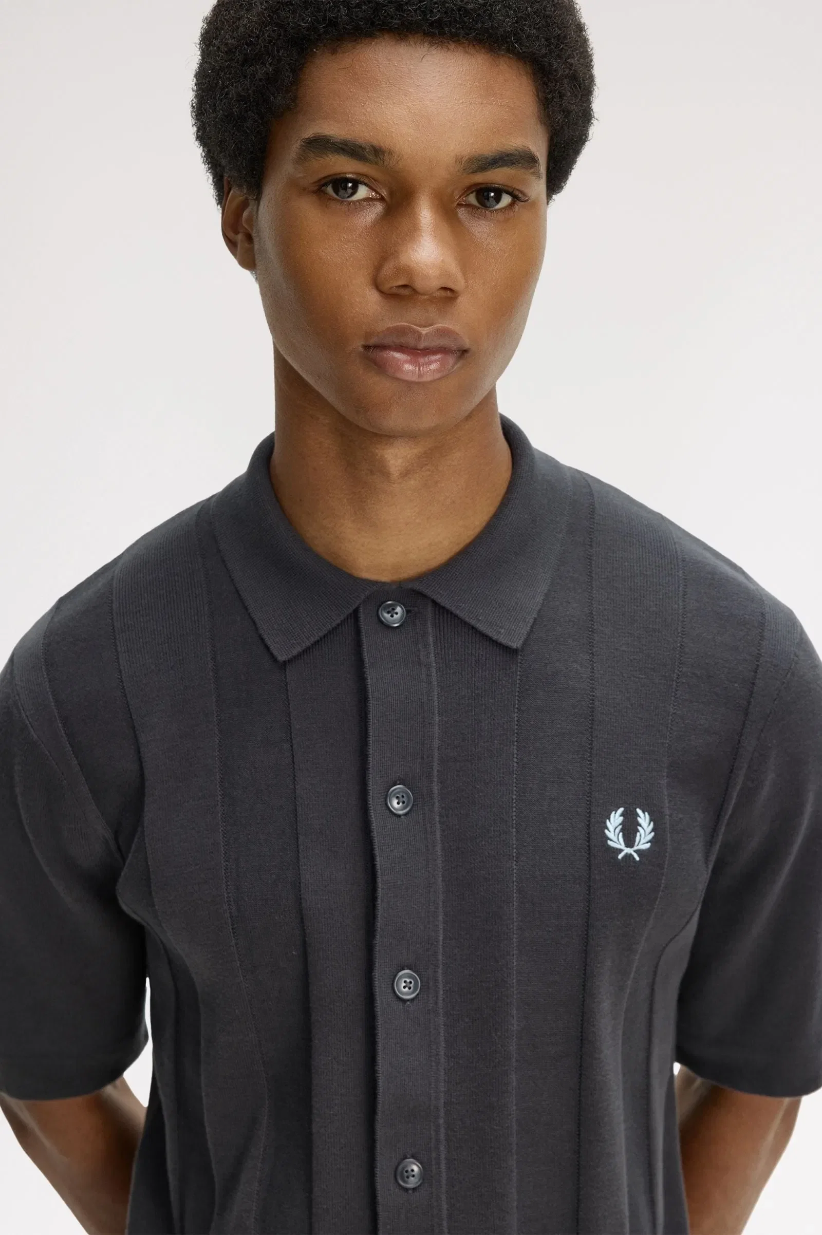 Fred Perry K2324 Tonal Vertical Stripe Knitted Shirt - Anchor Grey