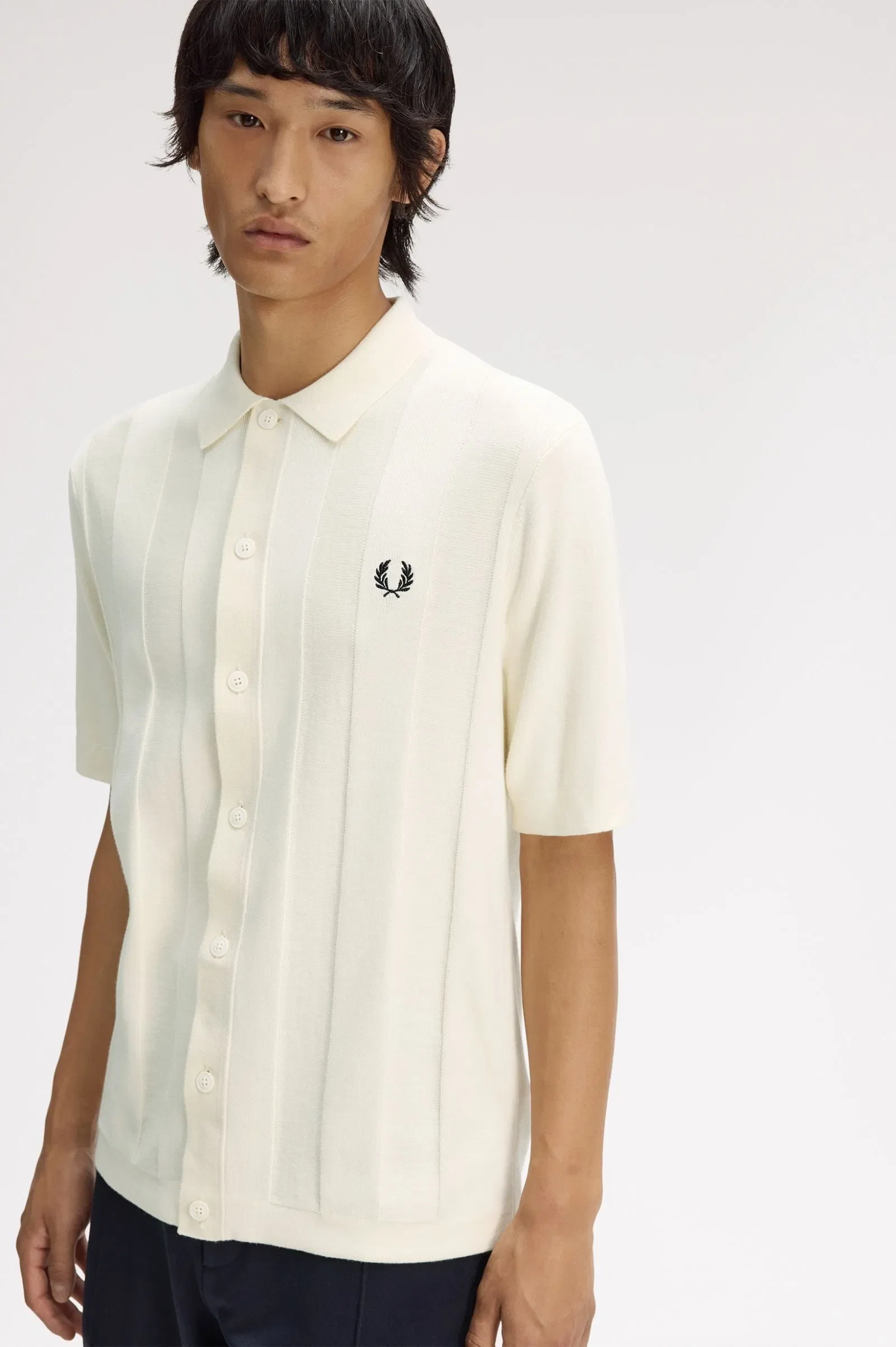 Fred Perry K2324 Tonal Vertical Stripe Knitted Shirt - Ecru