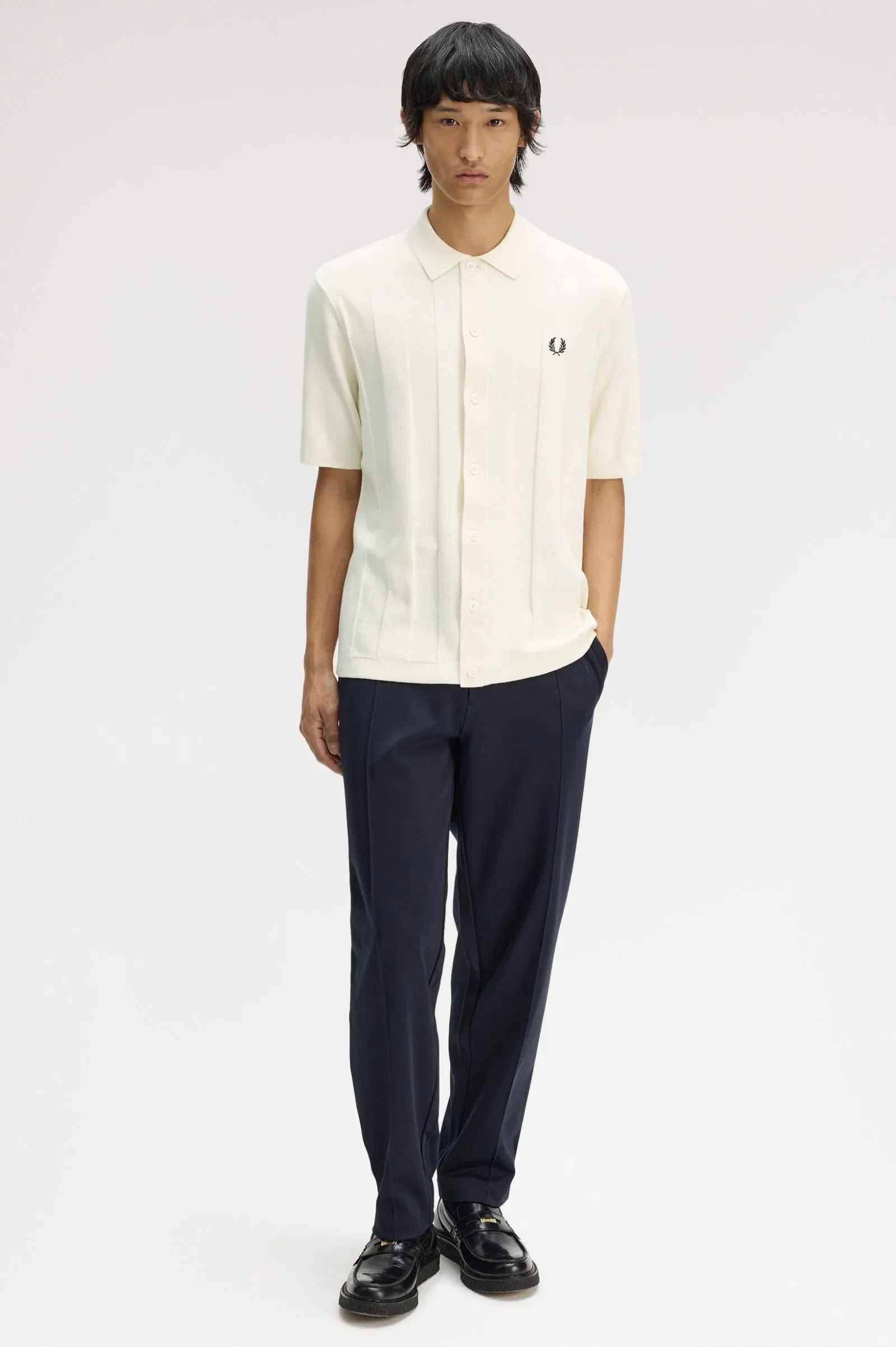 Fred Perry K2324 Tonal Vertical Stripe Knitted Shirt - Ecru