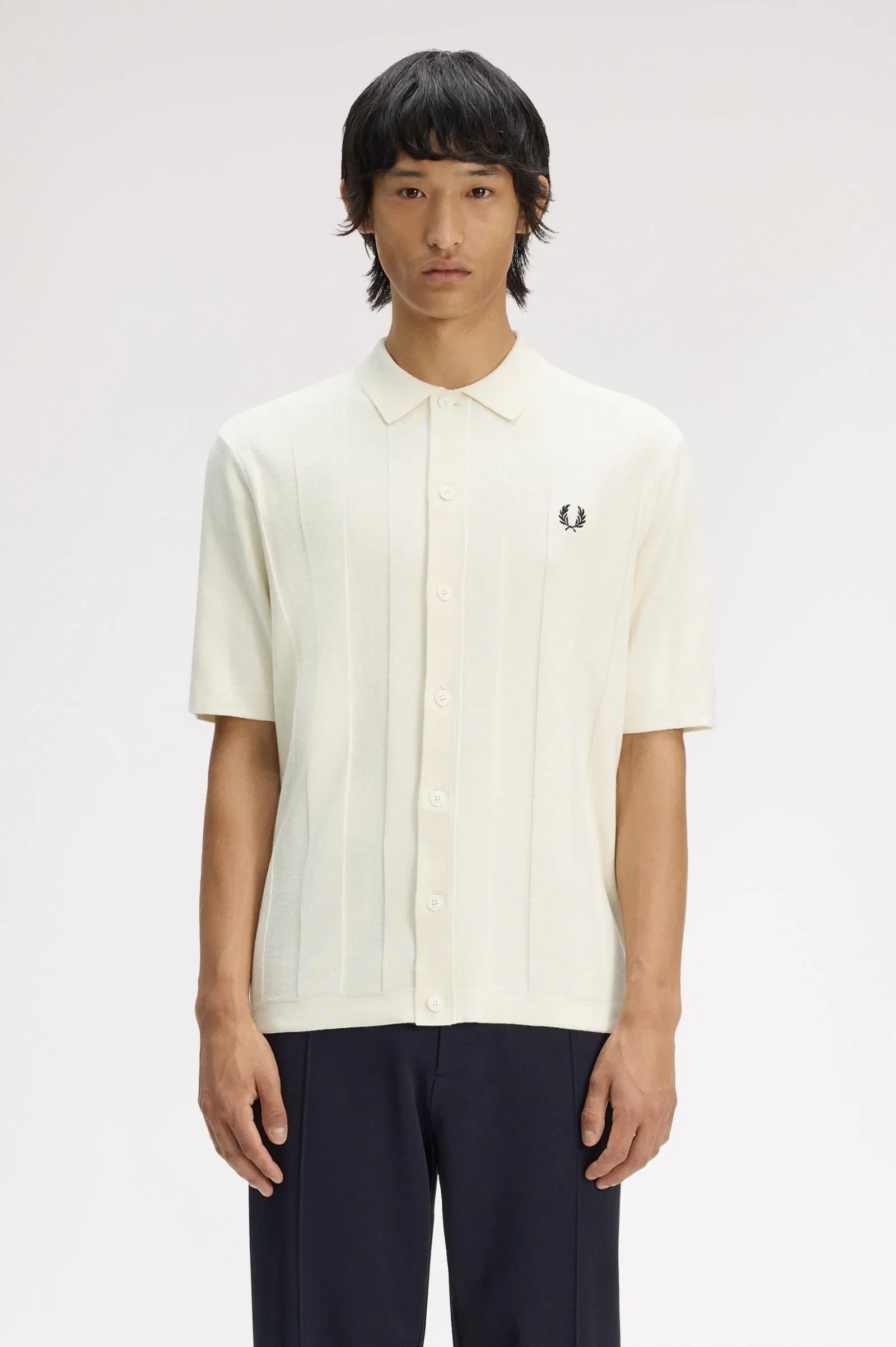 Fred Perry K2324 Tonal Vertical Stripe Knitted Shirt - Ecru