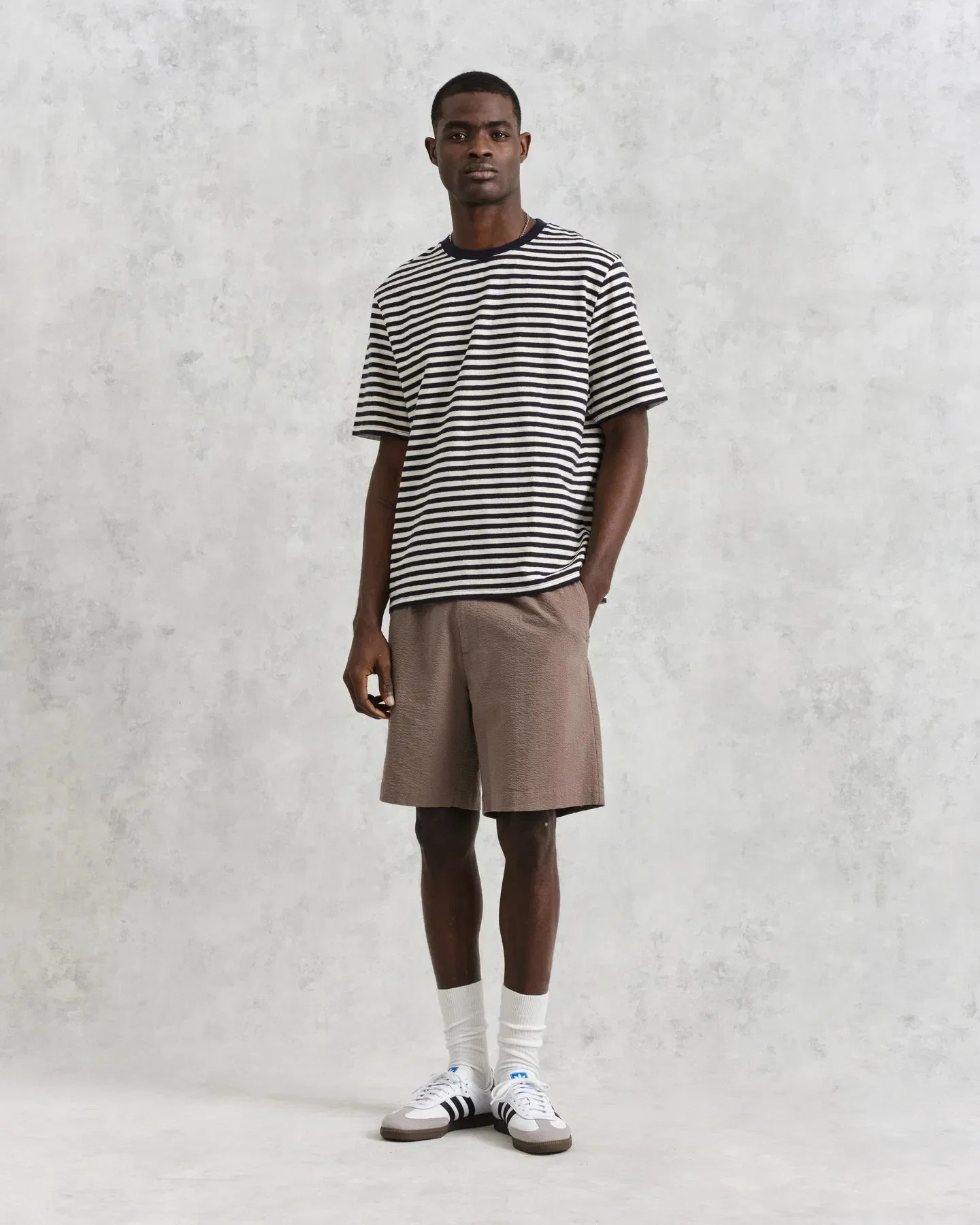 Wax London Dean Textured Stripe T-Shirt - Navy / Ecru