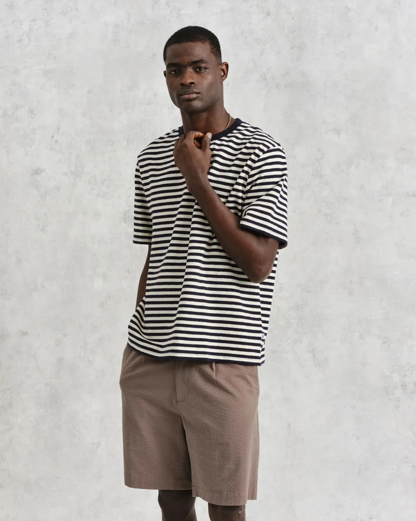 Wax London Dean Textured Stripe T-Shirt - Navy / Ecru