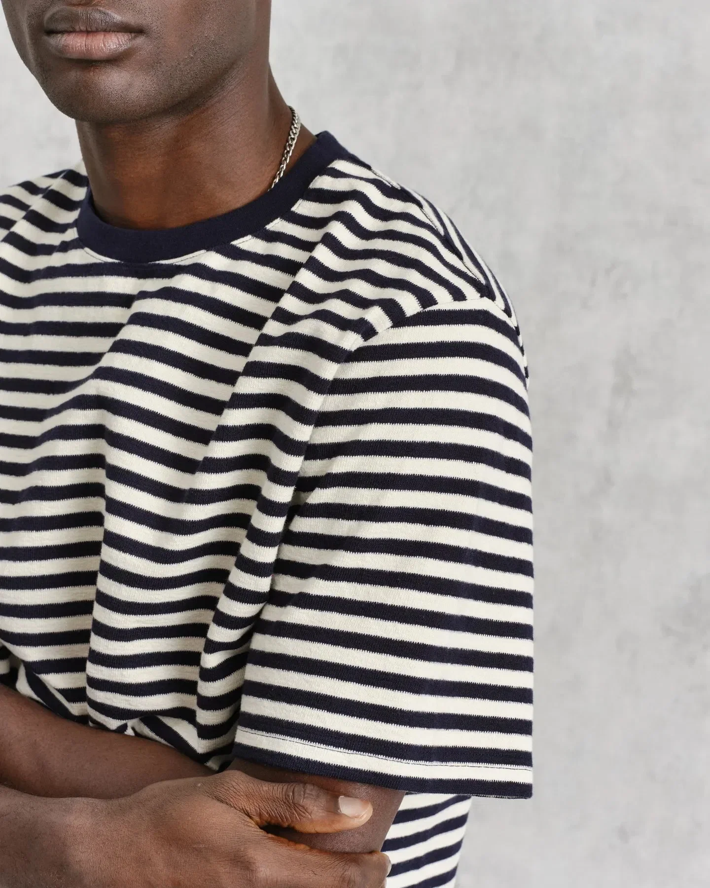 Wax London Dean Textured Stripe T-Shirt - Navy / Ecru