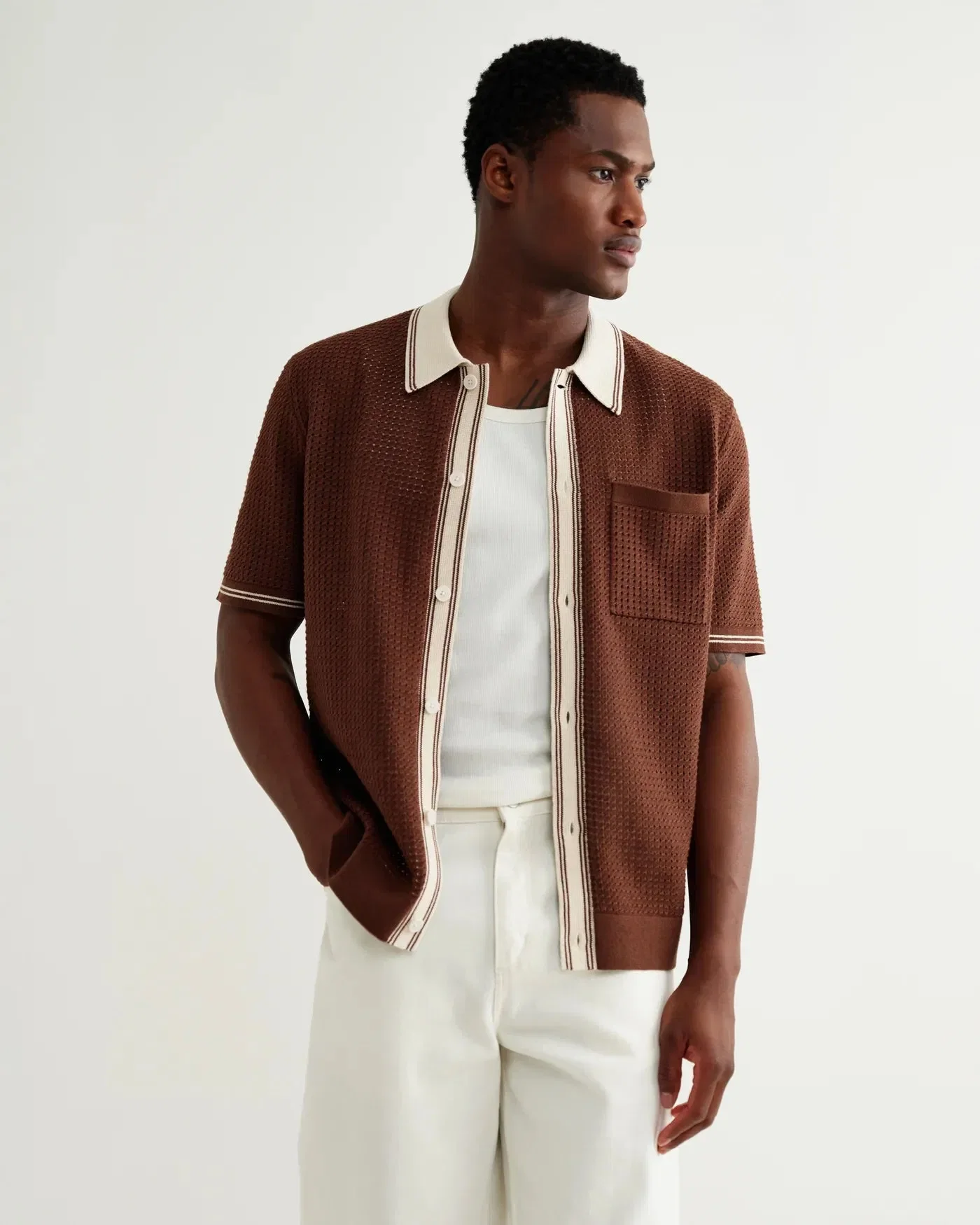 Wax London Belle Tipped Pointelle Knitted Shirt - Dark Brown / Ecru
