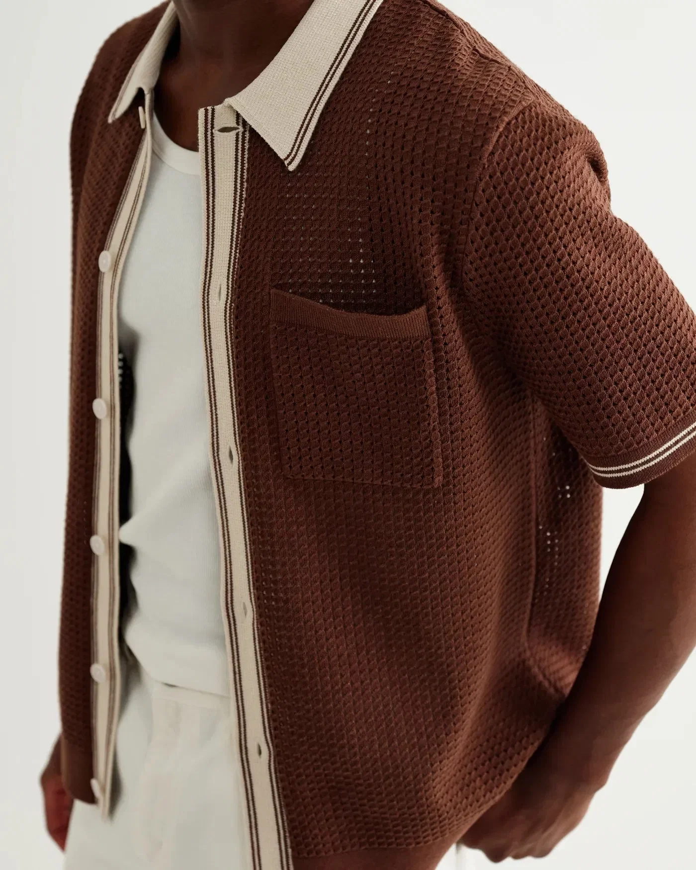 Wax London Belle Tipped Pointelle Knitted Shirt - Dark Brown / Ecru