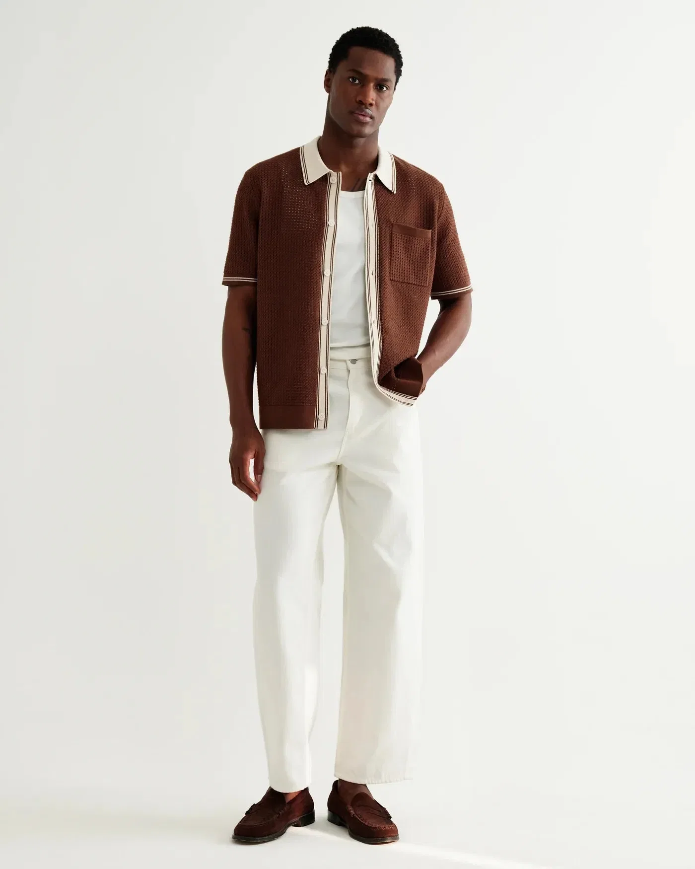 Wax London Belle Tipped Pointelle Knitted Shirt - Dark Brown / Ecru