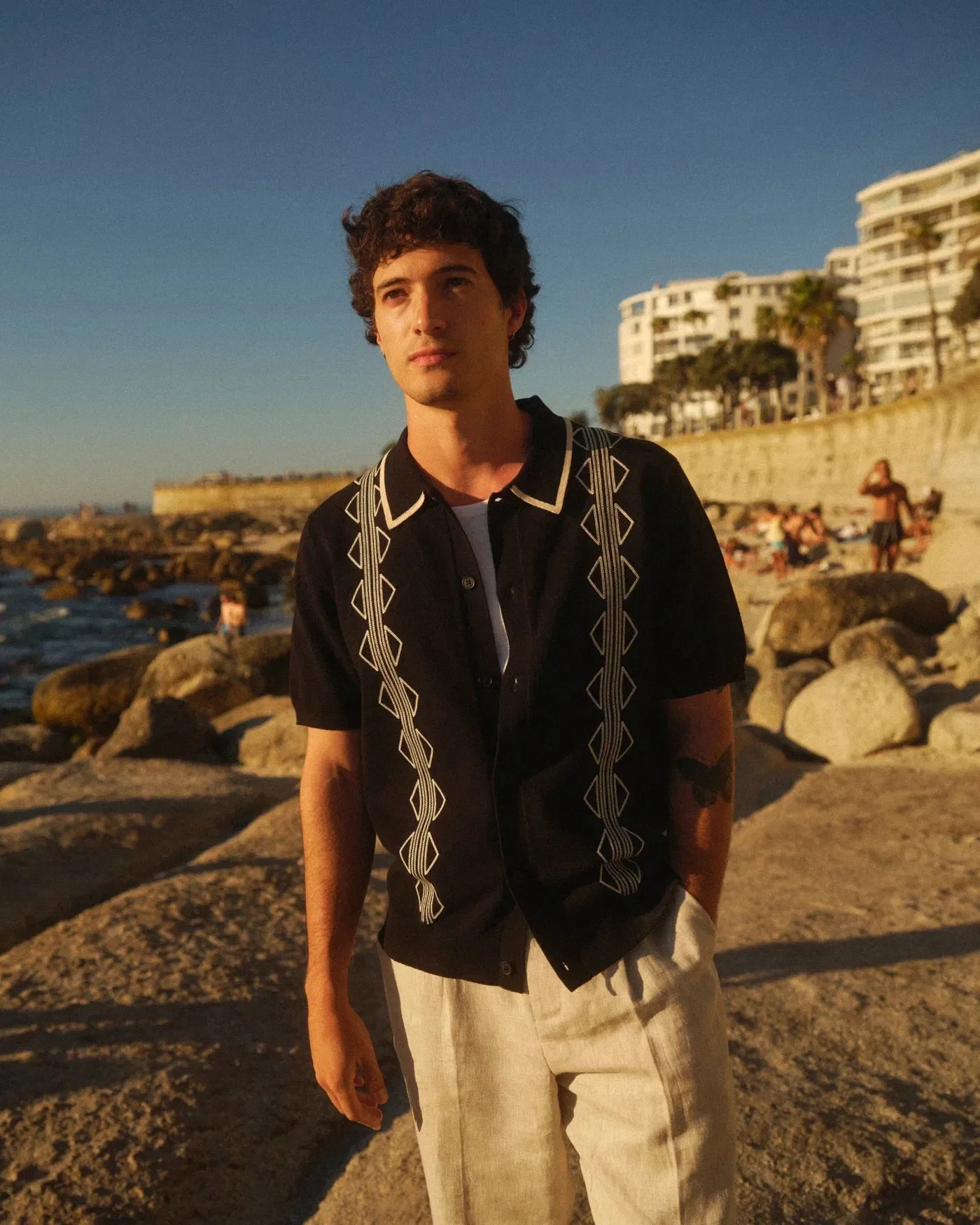 Wax London Tellaro Retro Embroidered Knitted Shirt - Black / Ecru