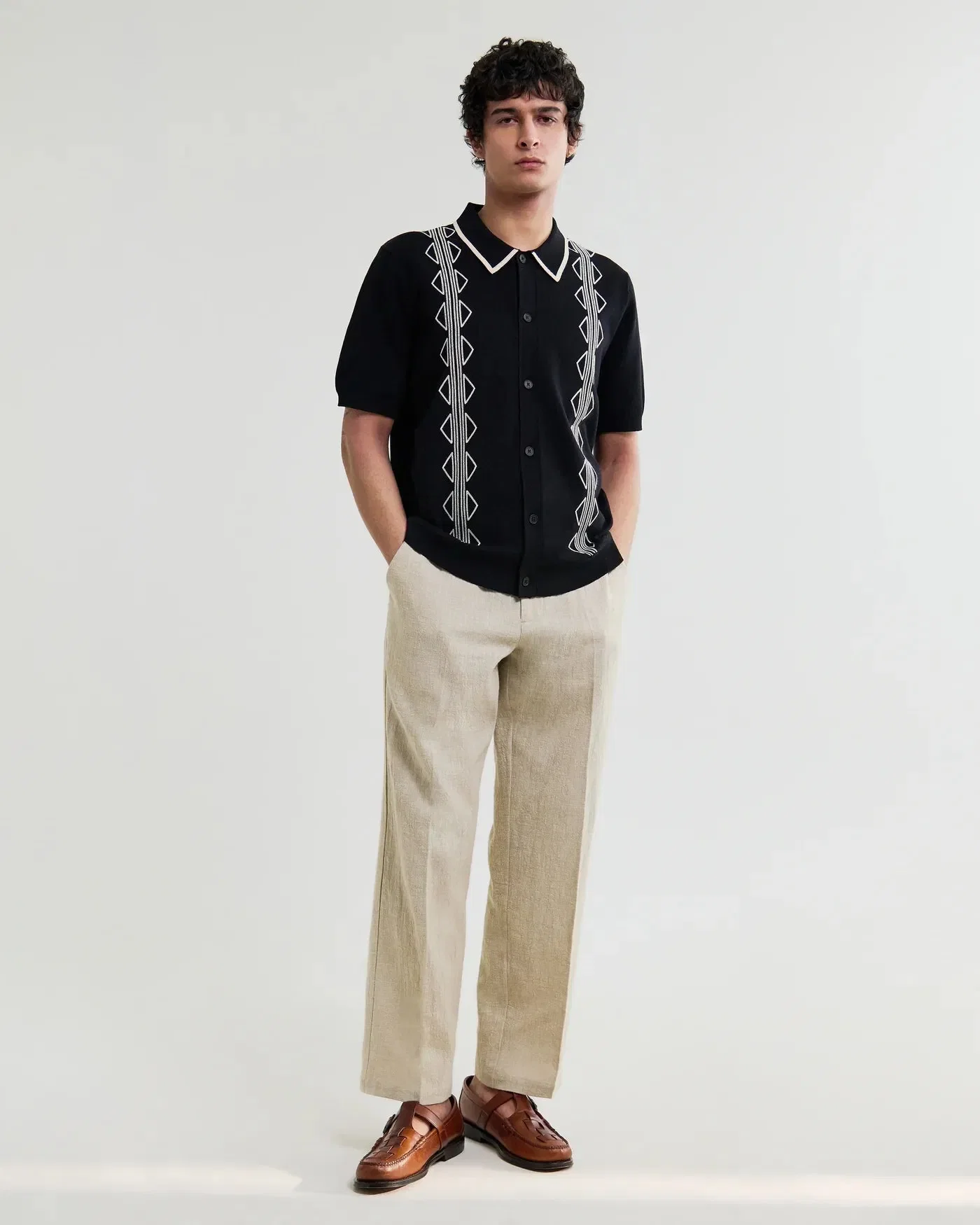 Wax London Tellaro Retro Embroidered Knitted Shirt - Black / Ecru