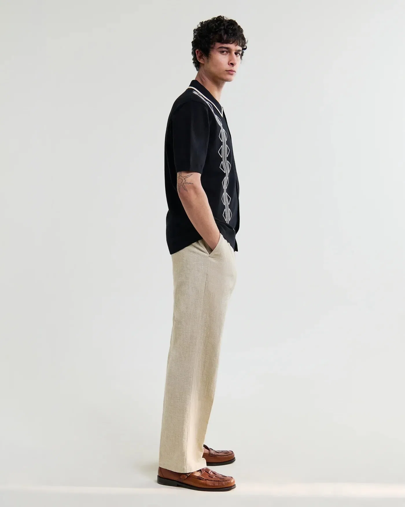 Wax London Tellaro Retro Embroidered Knitted Shirt - Black / Ecru