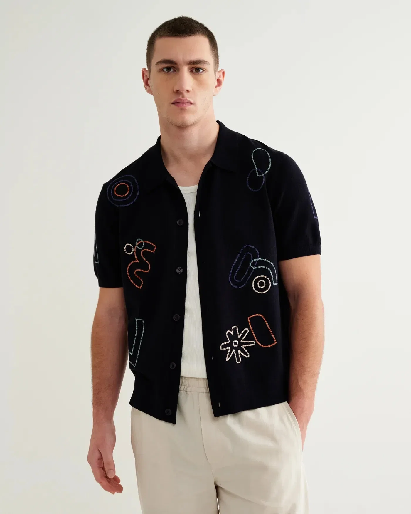 Wax London Tellaro Embroidered Shapes Knitted Shirt - Navy / Multi
