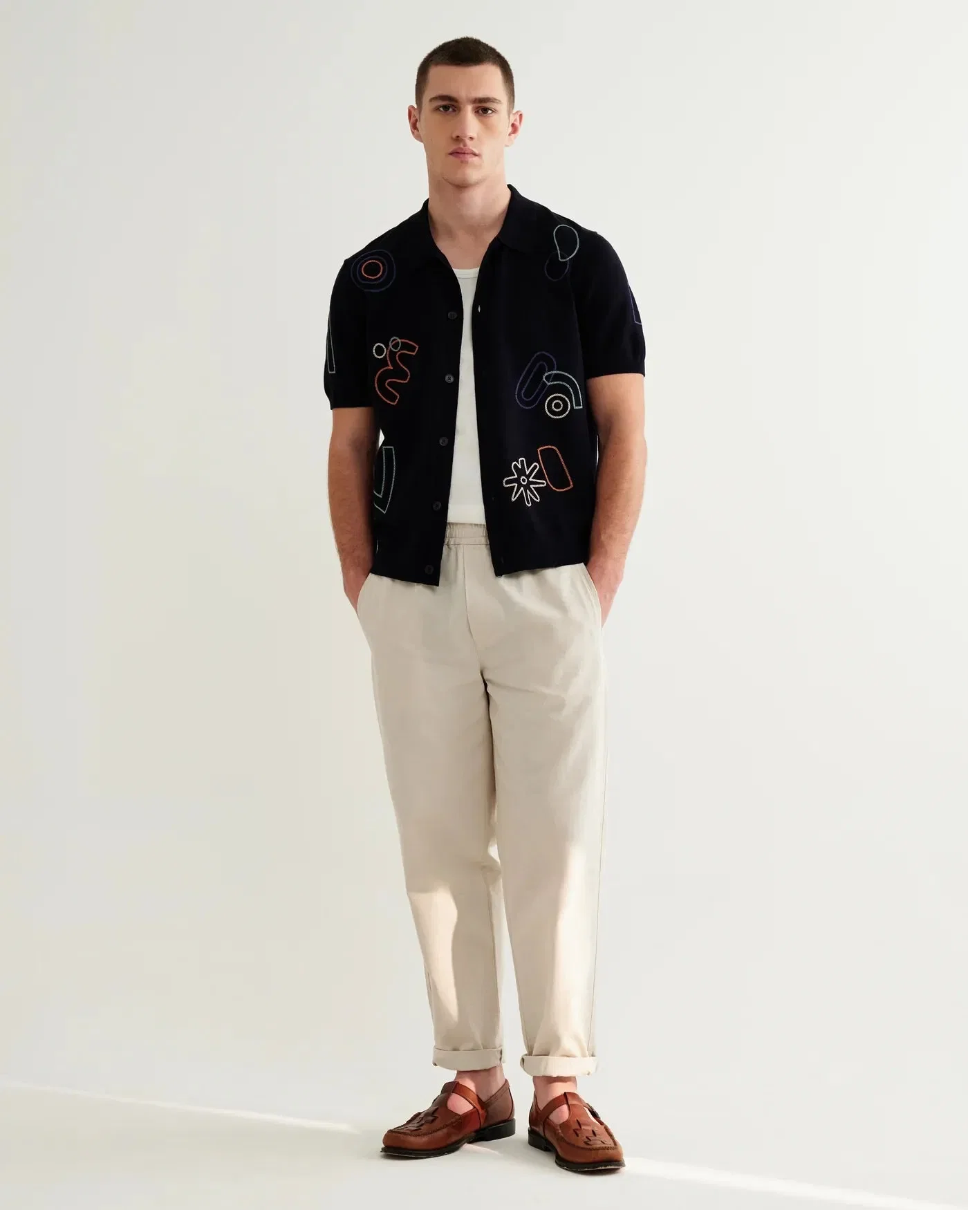 Wax London Tellaro Embroidered Shapes Knitted Shirt - Navy / Multi