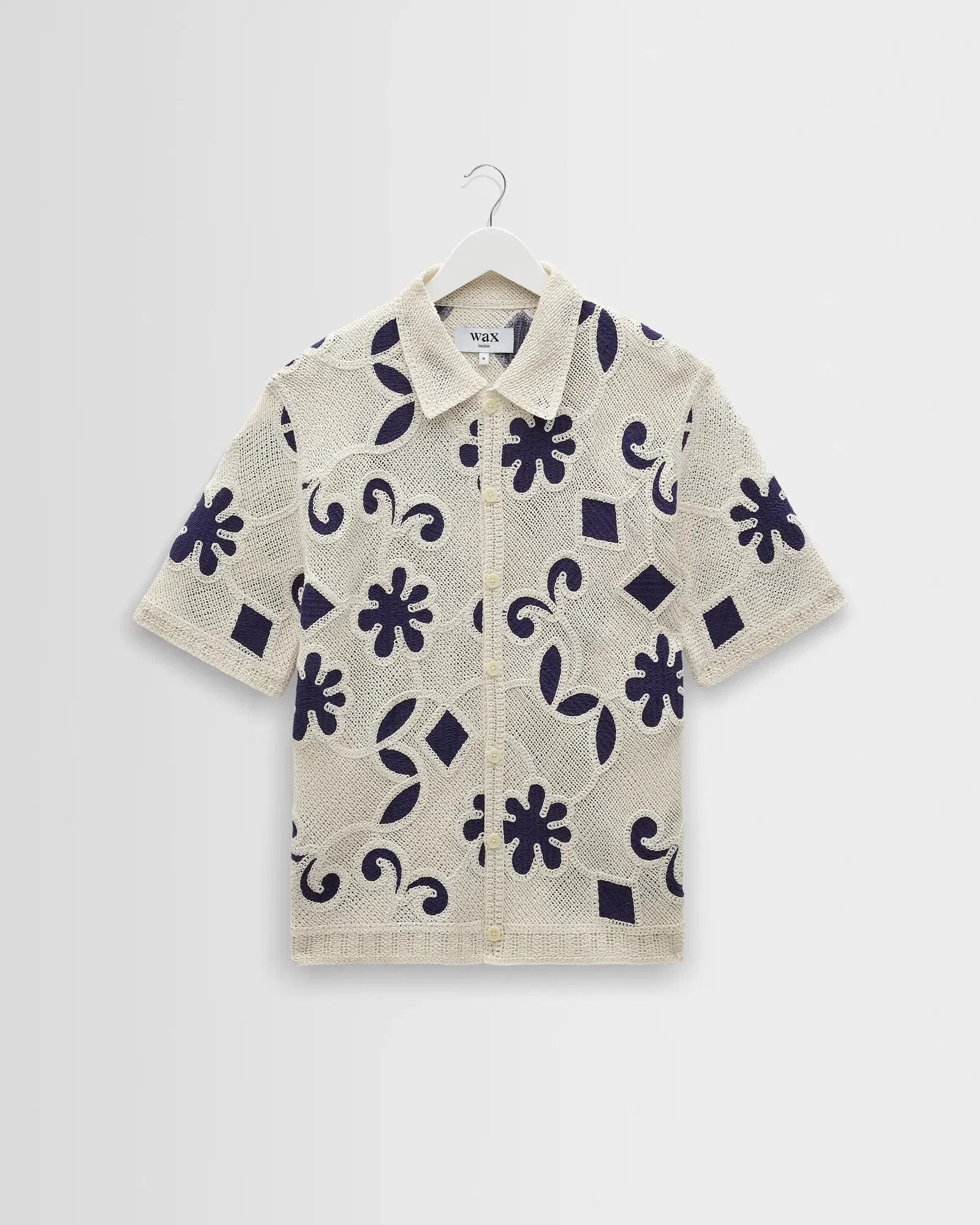 Wax London Porto Doodle Crochet Knitted Shirt - Ecru / Dark Blue