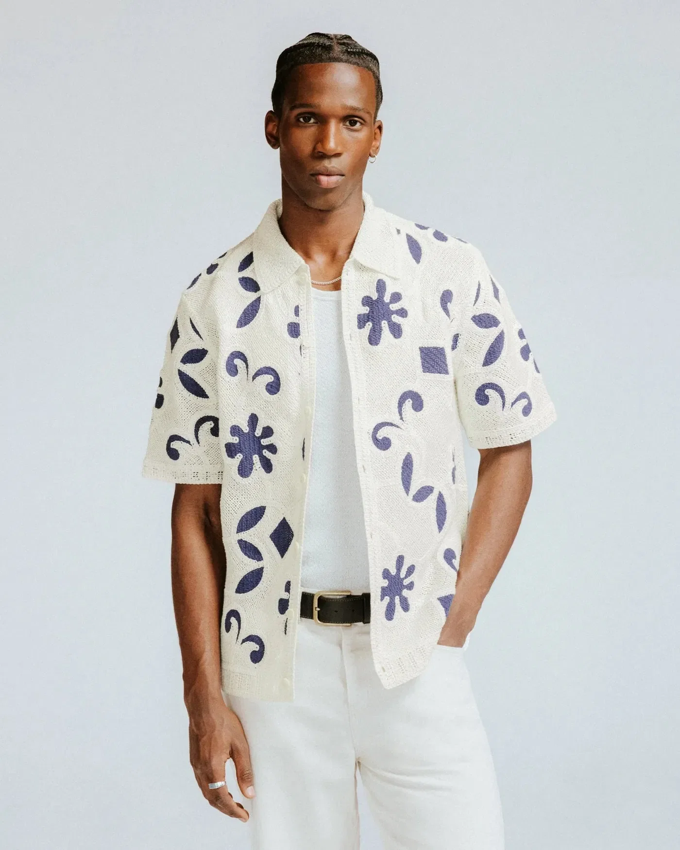 Wax London Porto Doodle Crochet Knitted Shirt - Ecru / Dark Blue
