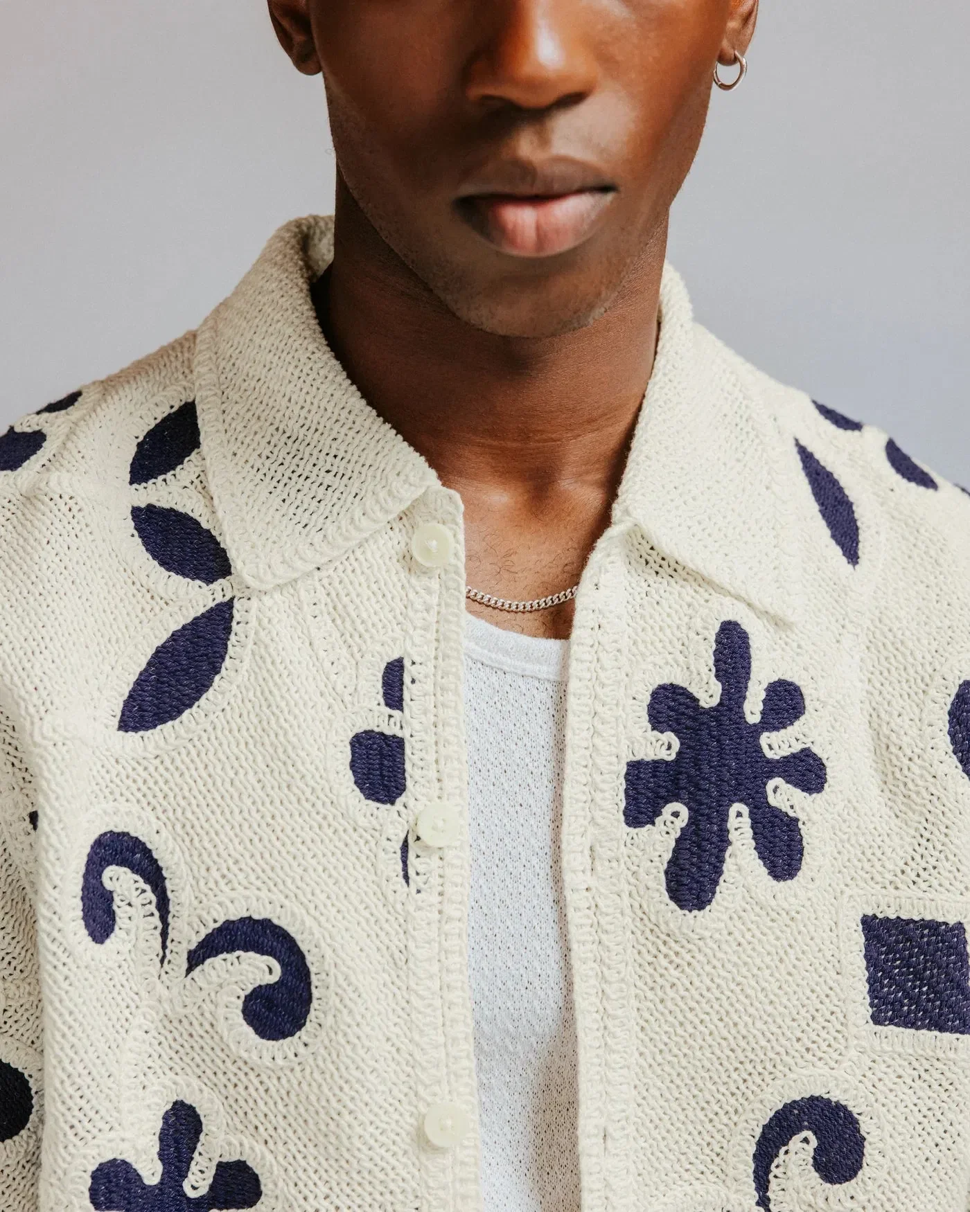Wax London Porto Doodle Crochet Knitted Shirt - Ecru / Dark Blue