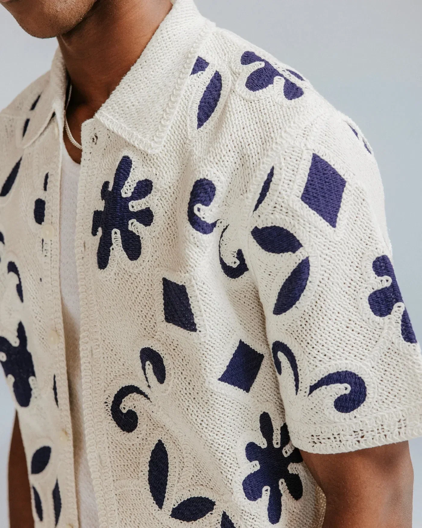 Wax London Porto Doodle Crochet Knitted Shirt - Ecru / Dark Blue