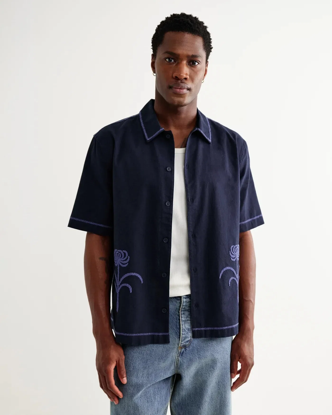 Wax London Keats Embroidered Shirt - Navy / Blue