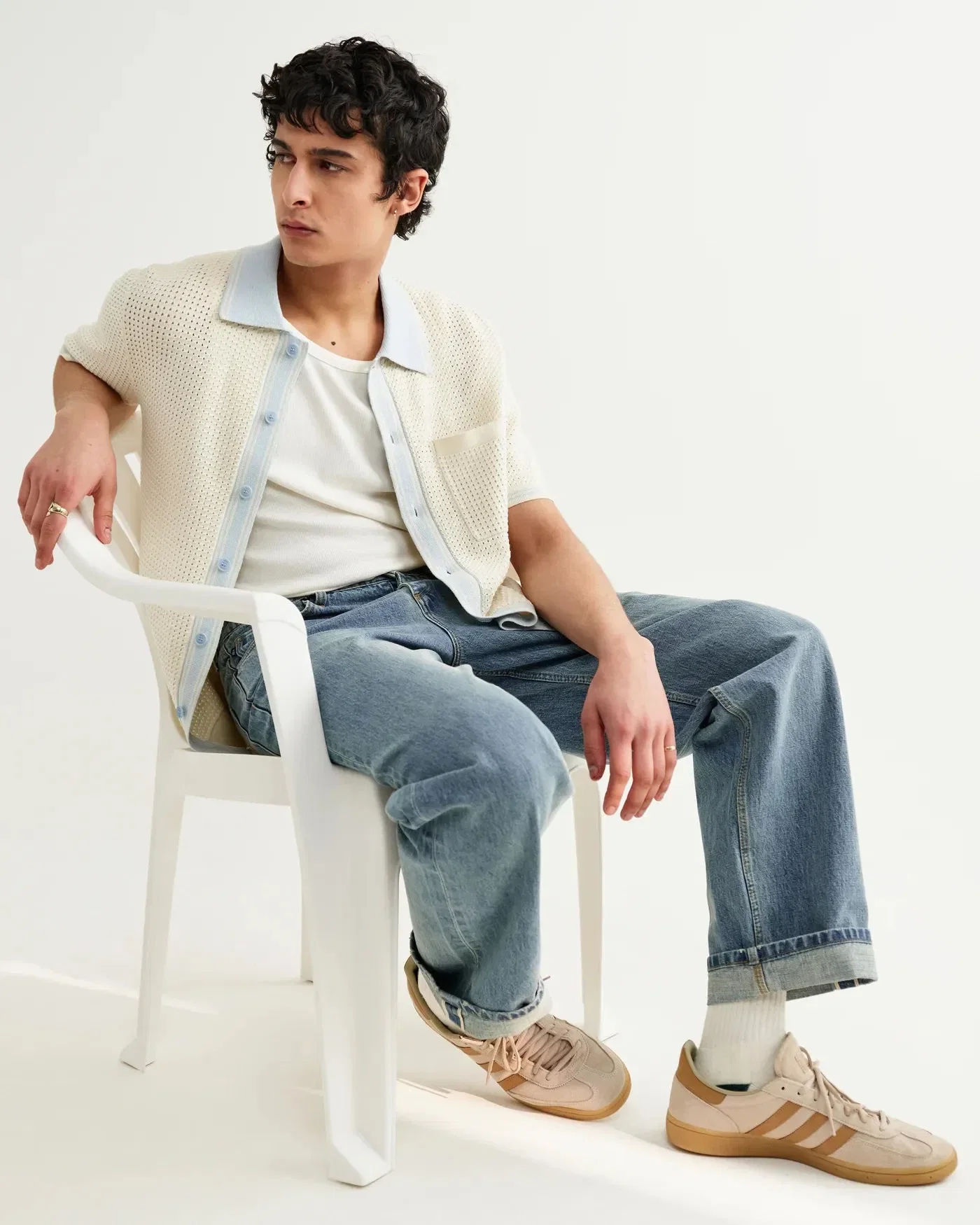 Wax London Belle Tipped Pointelle Knitted Shirt - Ecru / Pale Blue