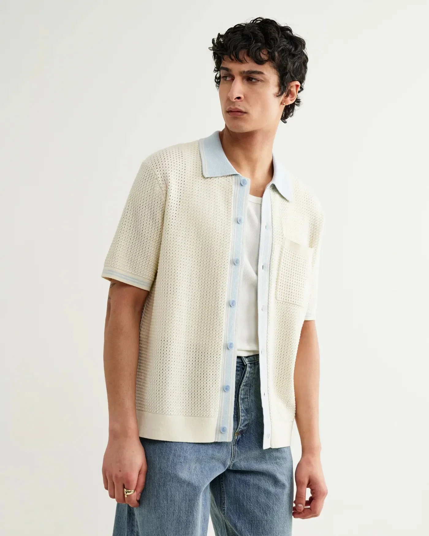 Wax London Belle Tipped Pointelle Knitted Shirt - Ecru / Pale Blue