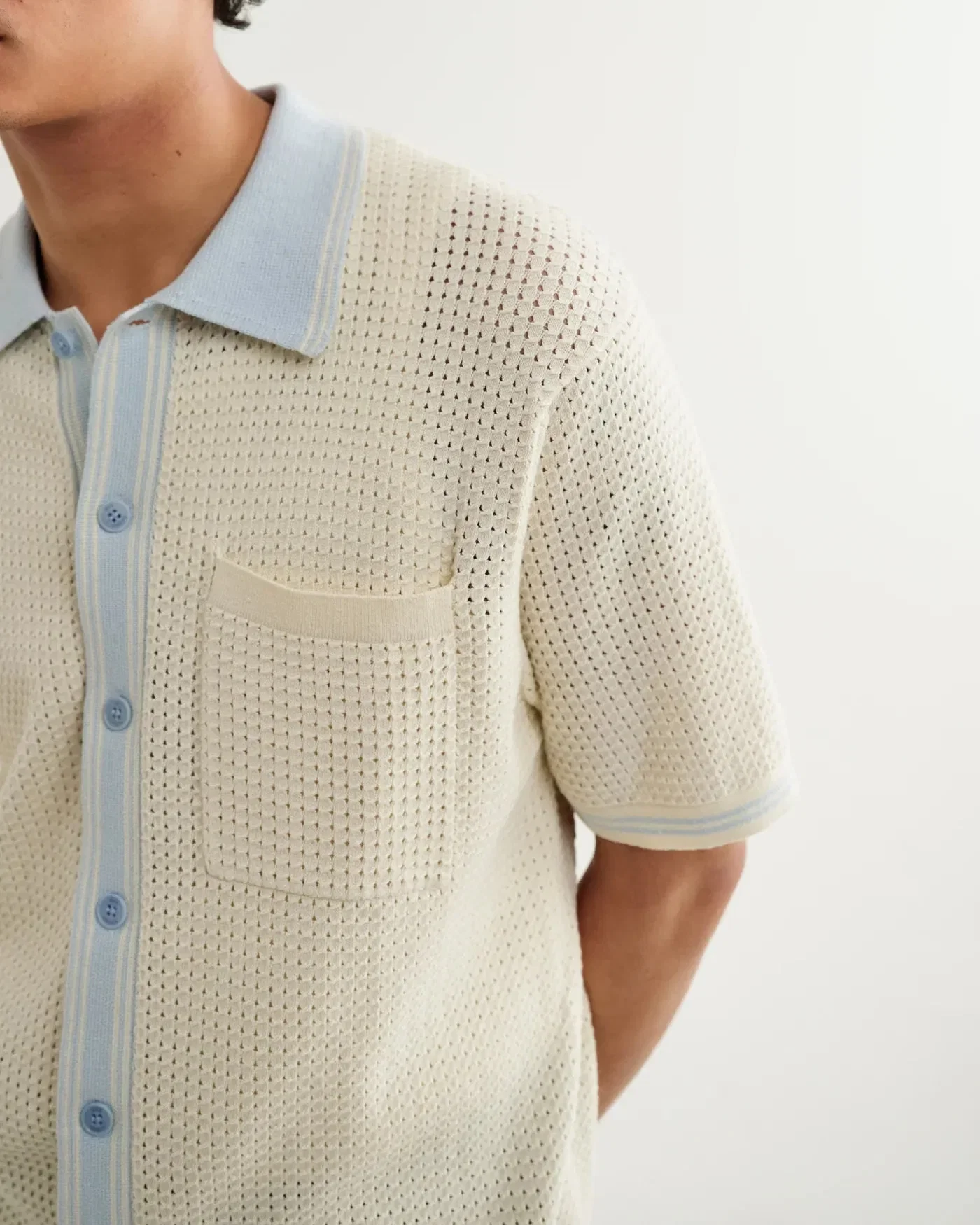 Wax London Belle Tipped Pointelle Knitted Shirt - Ecru / Pale Blue