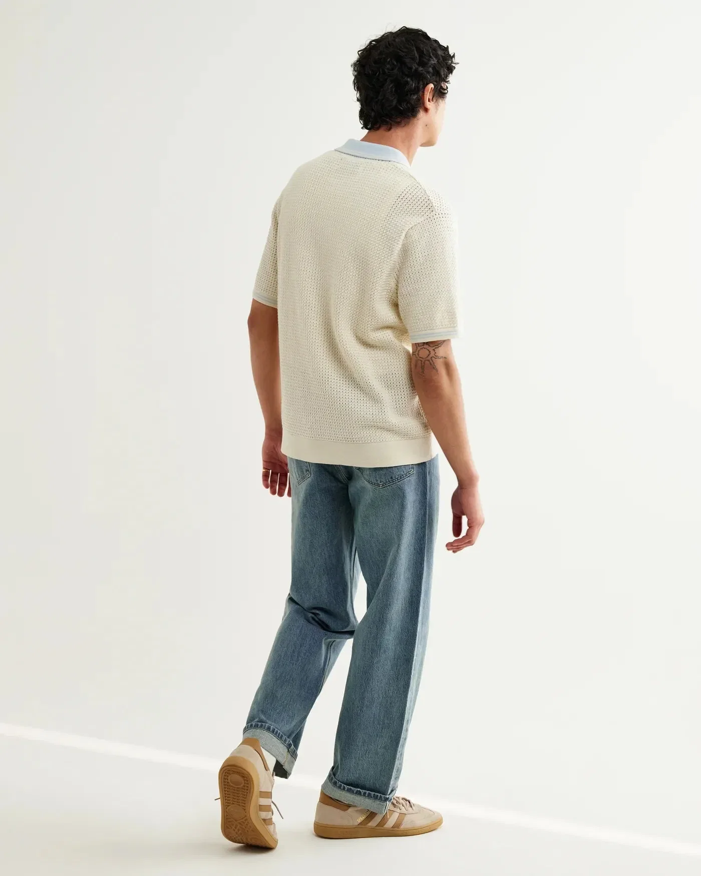 Wax London Belle Tipped Pointelle Knitted Shirt - Ecru / Pale Blue