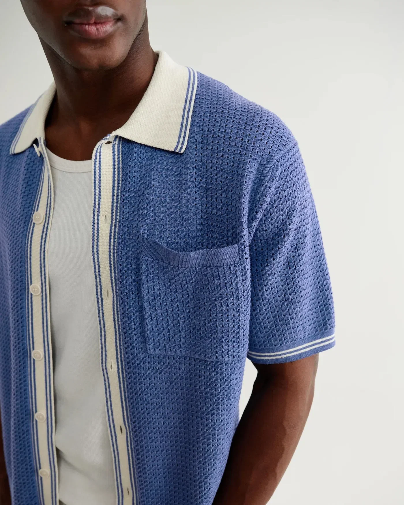 Wax London Belle Tipped Pointelle Knitted Shirt - Blue / Ecru