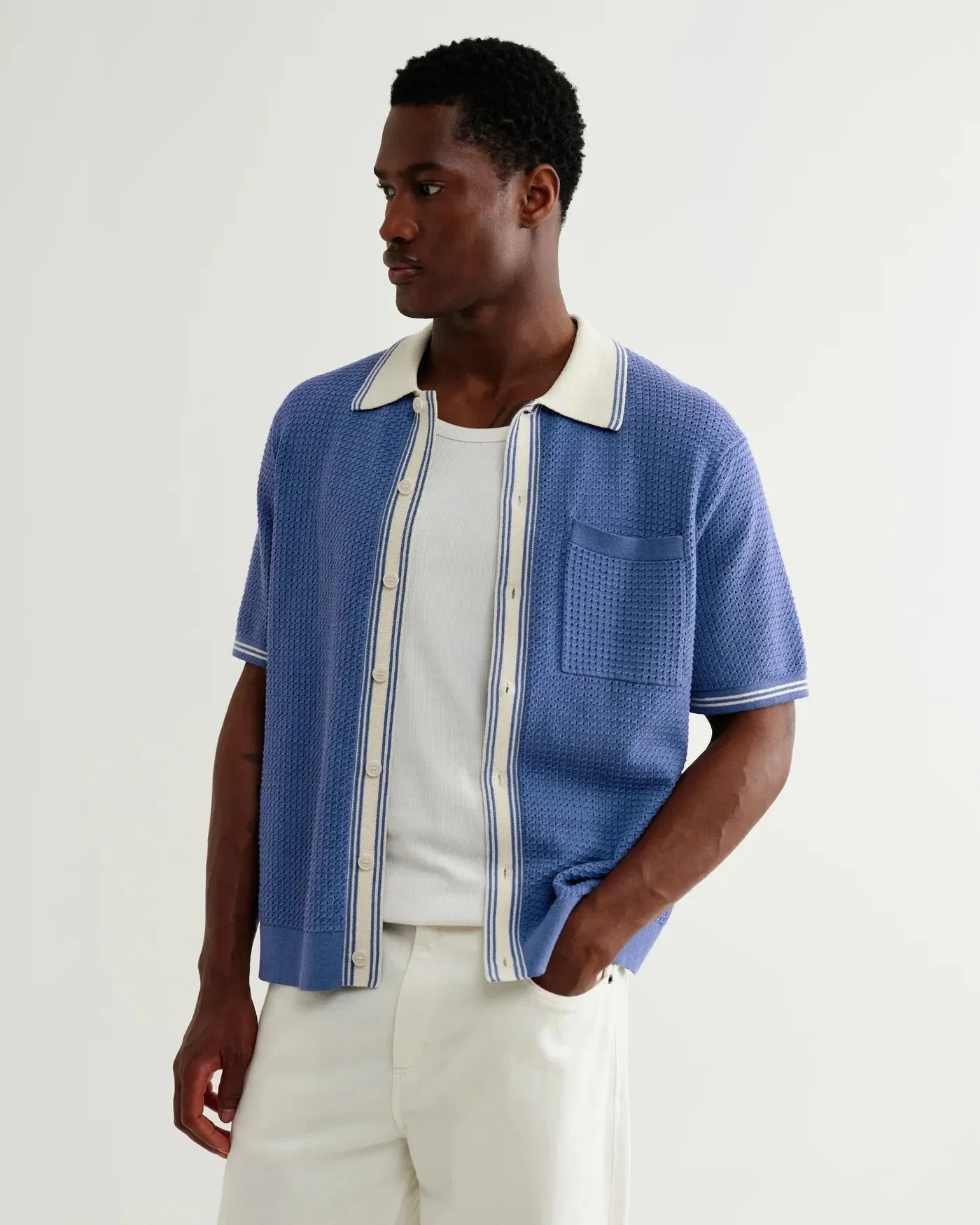 Wax London Belle Tipped Pointelle Knitted Shirt - Blue / Ecru