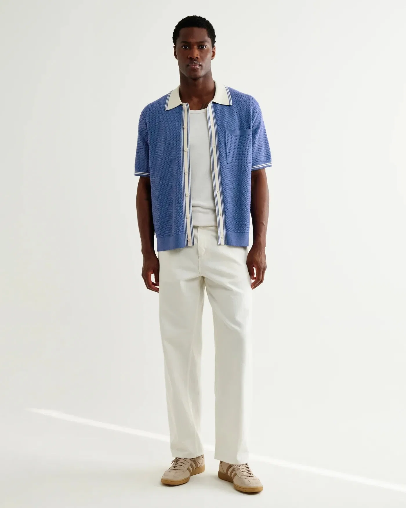 Wax London Belle Tipped Pointelle Knitted Shirt - Blue / Ecru