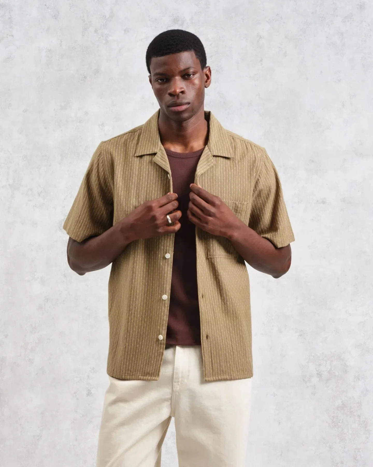 Wax London Didcot SS Pocket Shirt - Slub Stripe Khaki